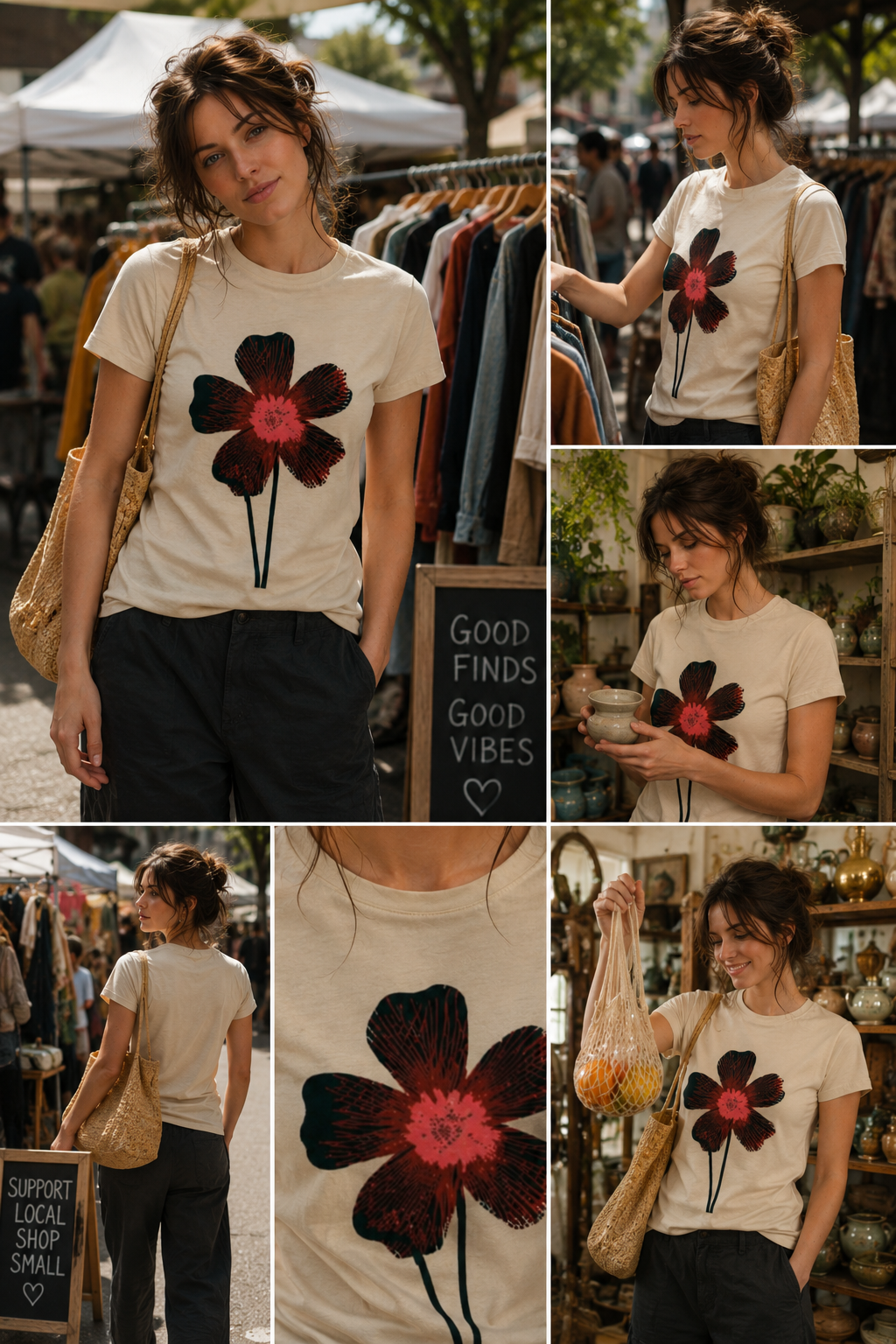 Woman wearing a Midnight Bloom graphic t-shirt featuring floral artwork inspired by wildflowers, moonlit gardens, and natural beauty. at an outdoor market.