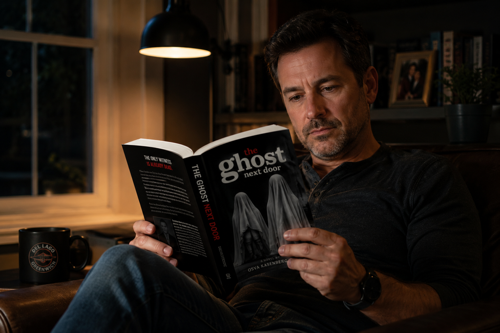 A man sits on a couch in a dimly lit living room, holding and reading a book titled "The Ghost Next Door" by Chris Gardner.