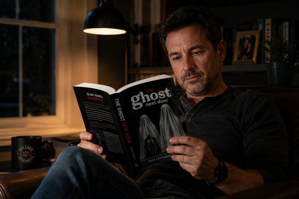 A man sits on a couch in a dimly lit living room, holding and reading a book titled "The Ghost Next Door" by Chris Gardner.