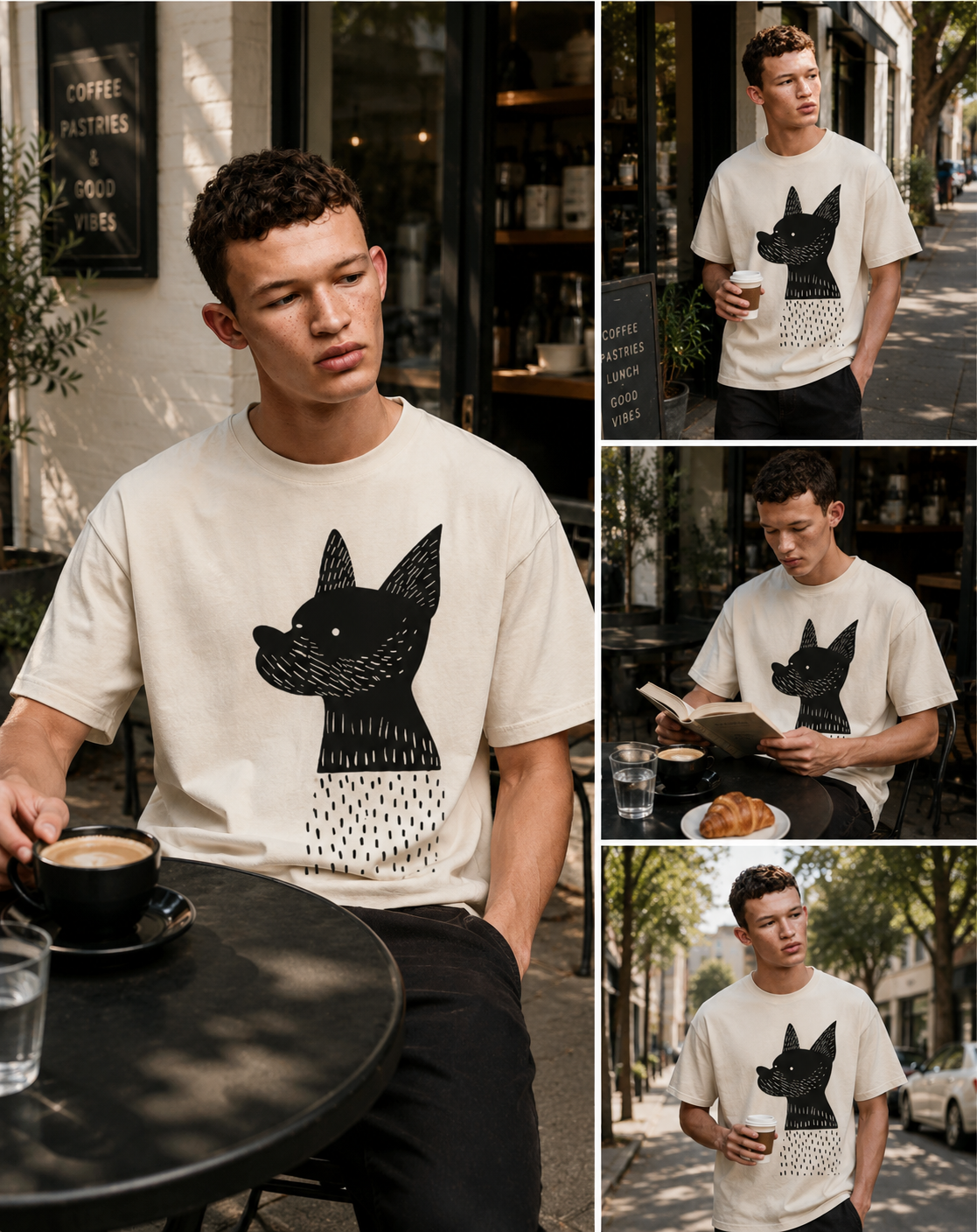 Man wearing a white Minimalist Dog Graphic tshirt sitting at an outdoor cafe.