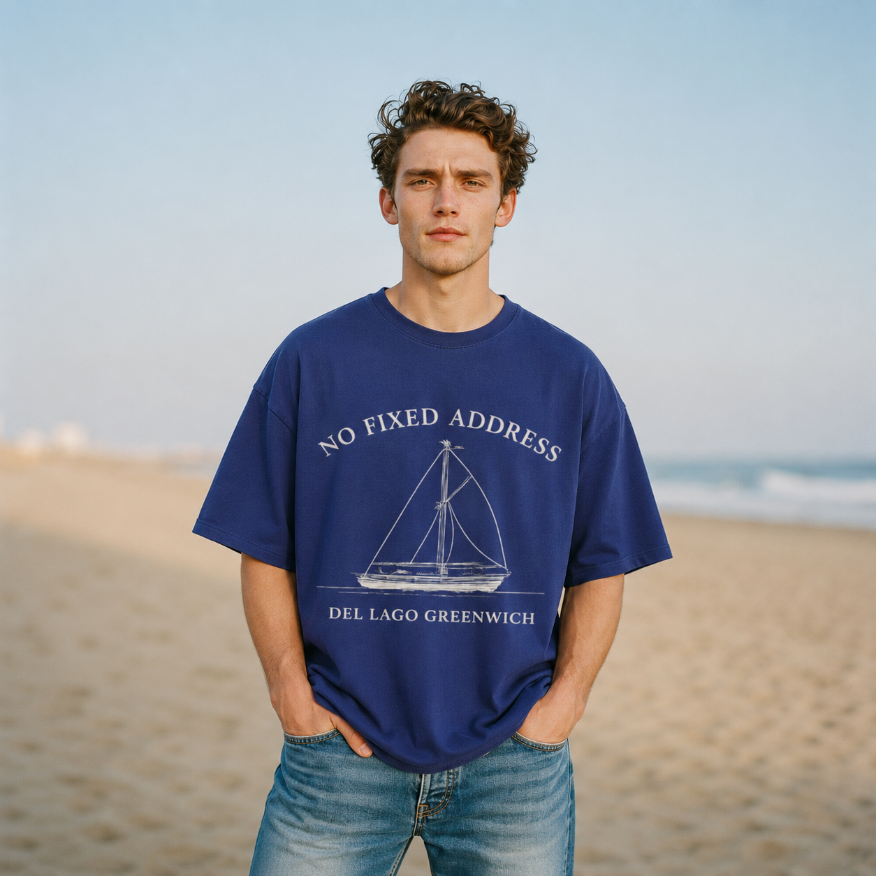 A man standing on a sandy beach wearing an oversized navy blue t-shirt with a white sailboat graphic and the text 'NO FIXED ADDRESS DEL LAGO GREENWICH'.