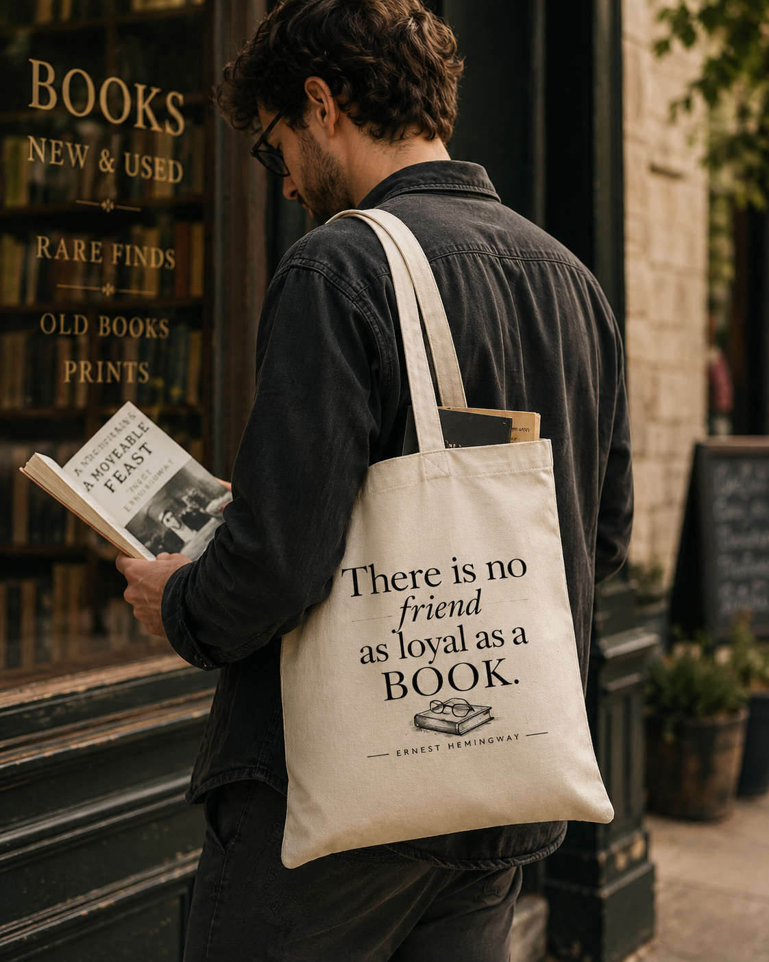 A man wearing glasses and a dark denim shirt stands in front of a bookshop window, carrying a cream canvas tote bag over his shoulder. The tote bag features the quote 'There is no friend as loyal as a BOOK.