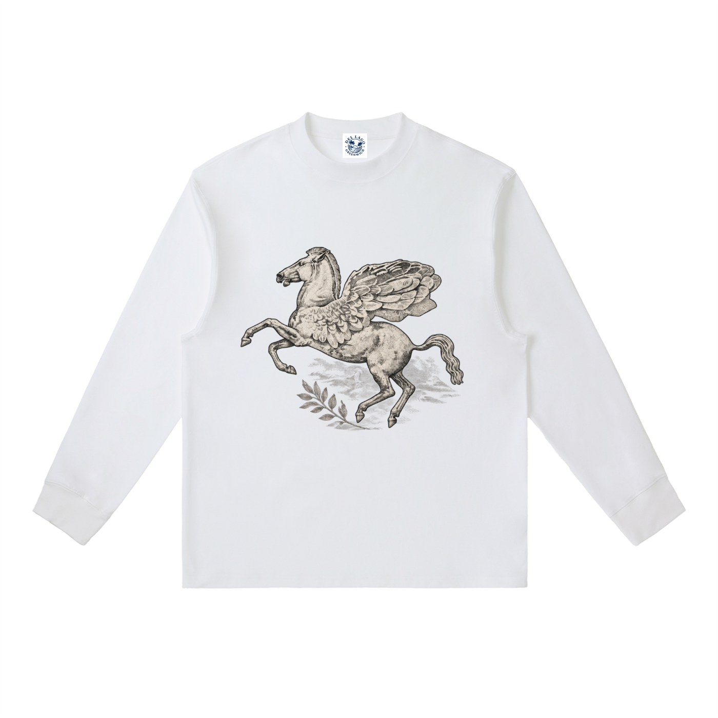 A white long-sleeve crewneck sweatshirt featuring a detailed graphic print of a winged horse (Pegasus) in gray and black tones on the front, displayed against a solid white background.