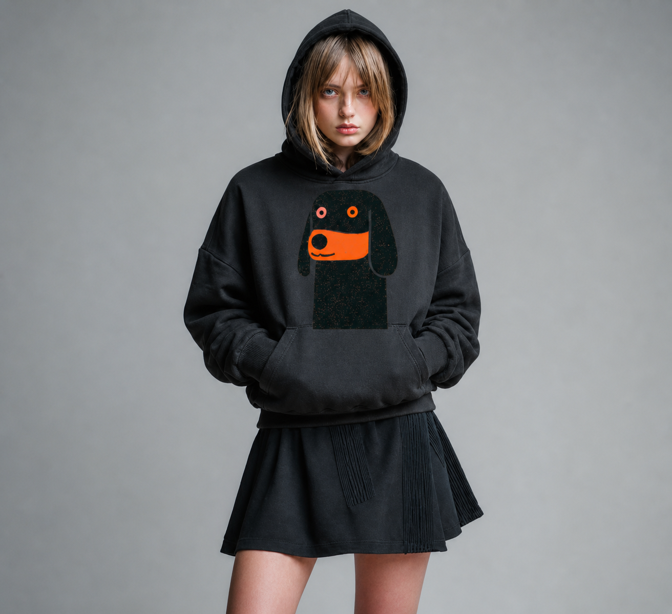 Person wearing a black hoodie with a dog graphic on a gray background