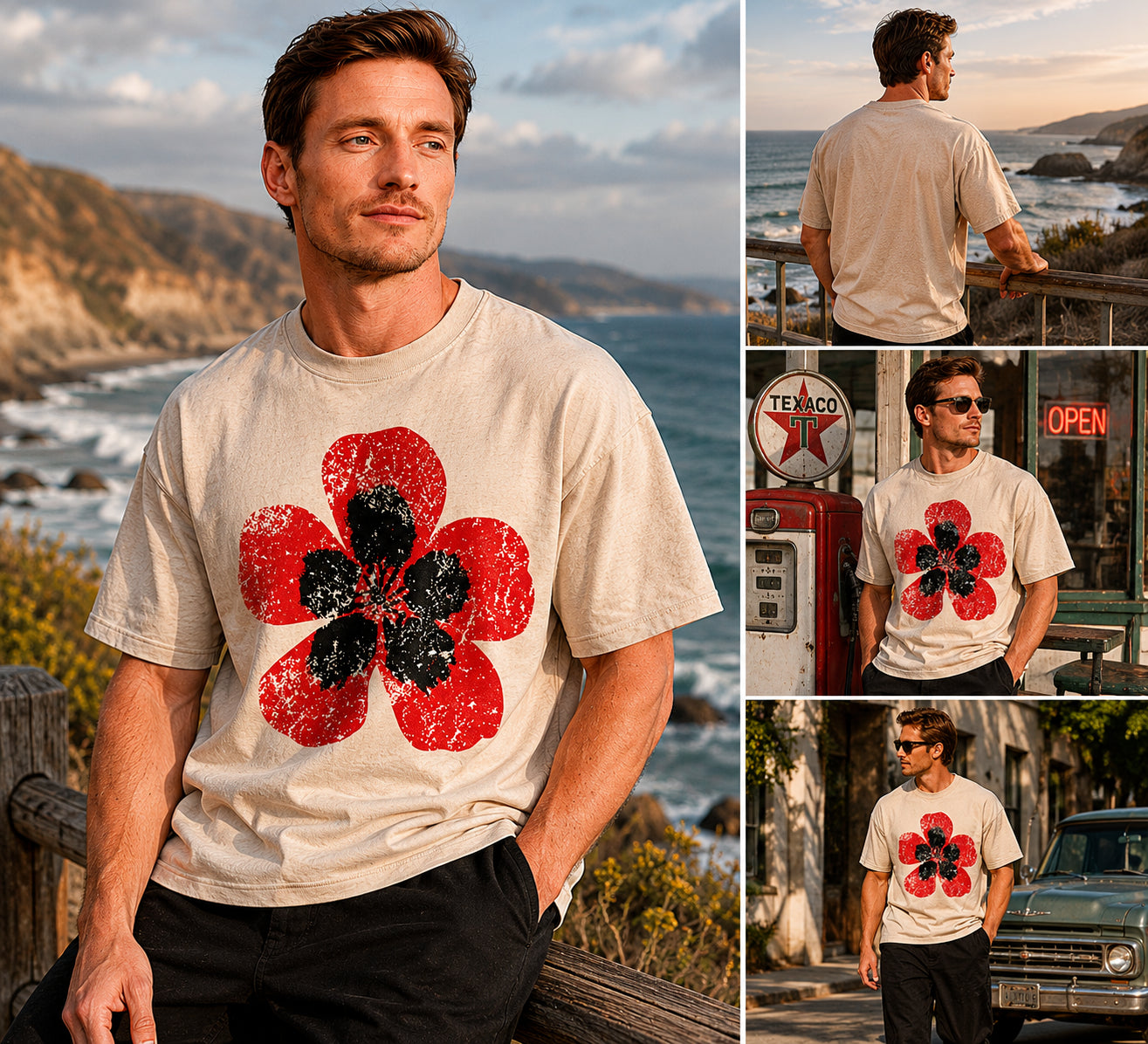 Man wearing a Poppy Bloom graphic t-shirt featuring floral artwork inspired by wildflowers, nature, and botanical beauty.