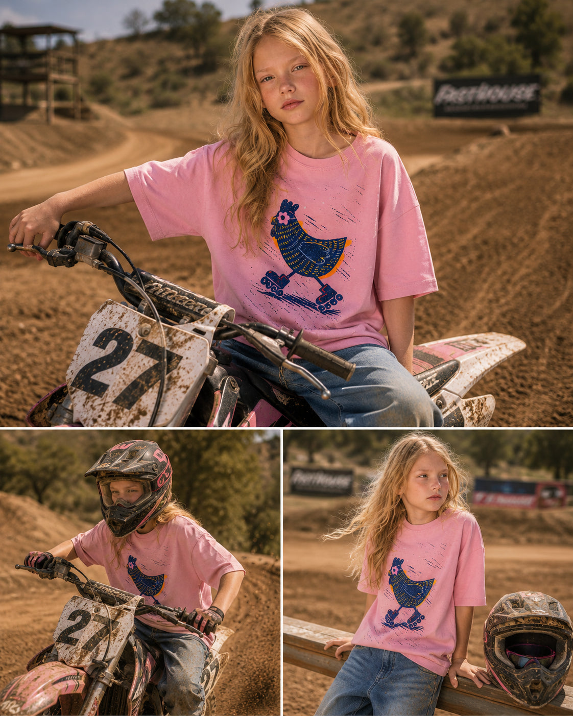 Model wearing the Roller Skating Chicken graphic t-shirt featuring playful chicken artwork inspired by fun, creativity, and retro charm.