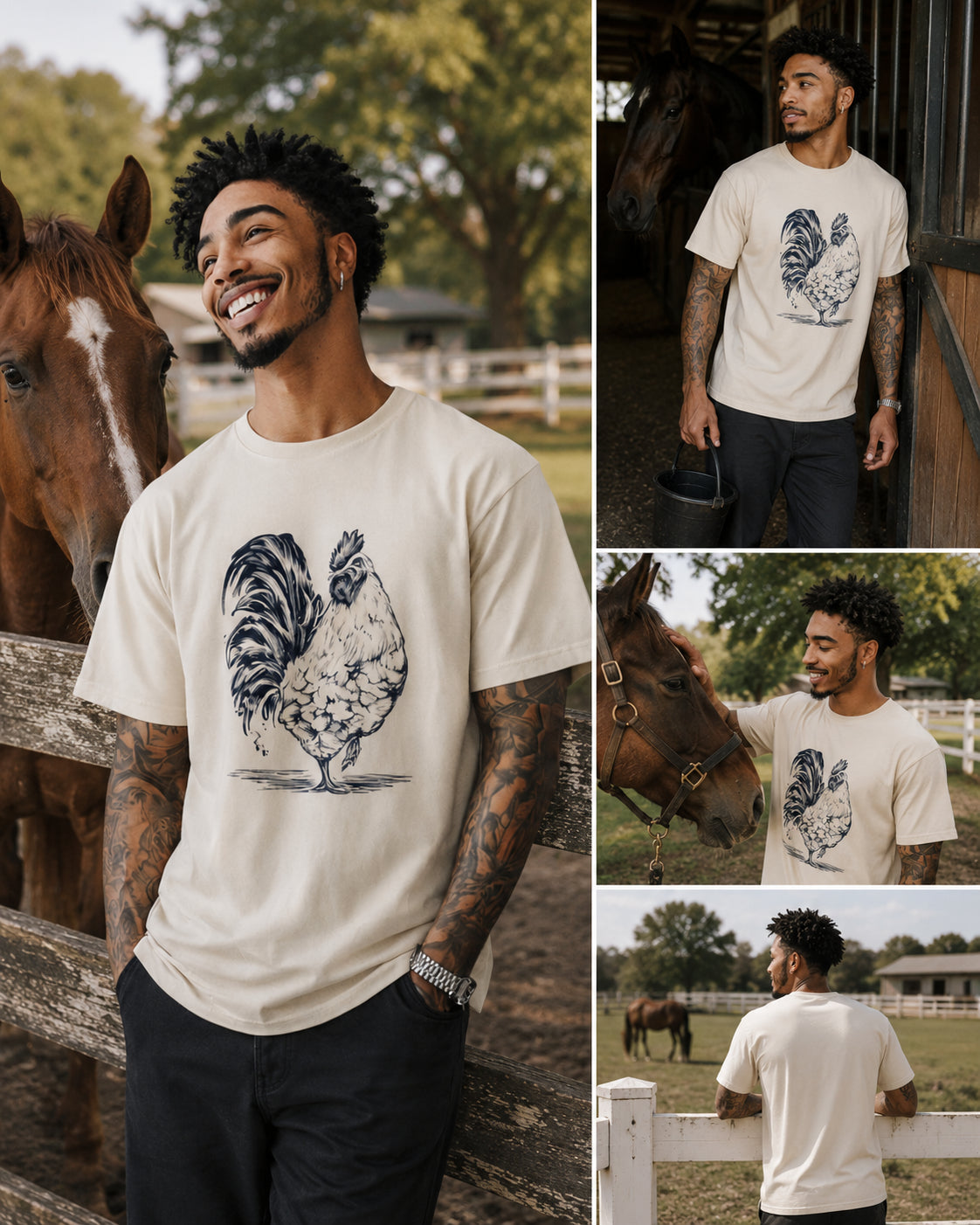 Man wearing a Rustic Rooster graphic t-shirt featuring rooster artwork inspired by rural landscapes and vintage farm illustrations., standing next to a horse in a rural setting.