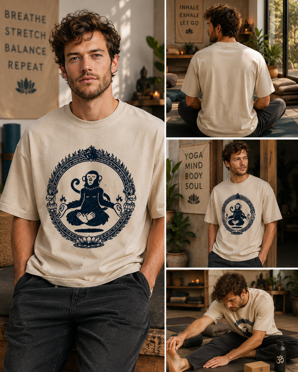 Man wearing a Sacred Monkey graphic t-shirt featuring artistic monkey artwork inspired by folklore, spirituality, and creative expression.