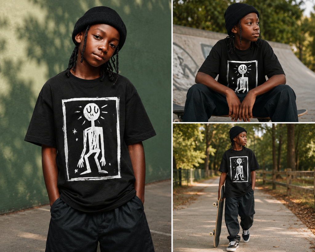 Static Figure Tee worn by model featuring vintage monochrome figure illustration