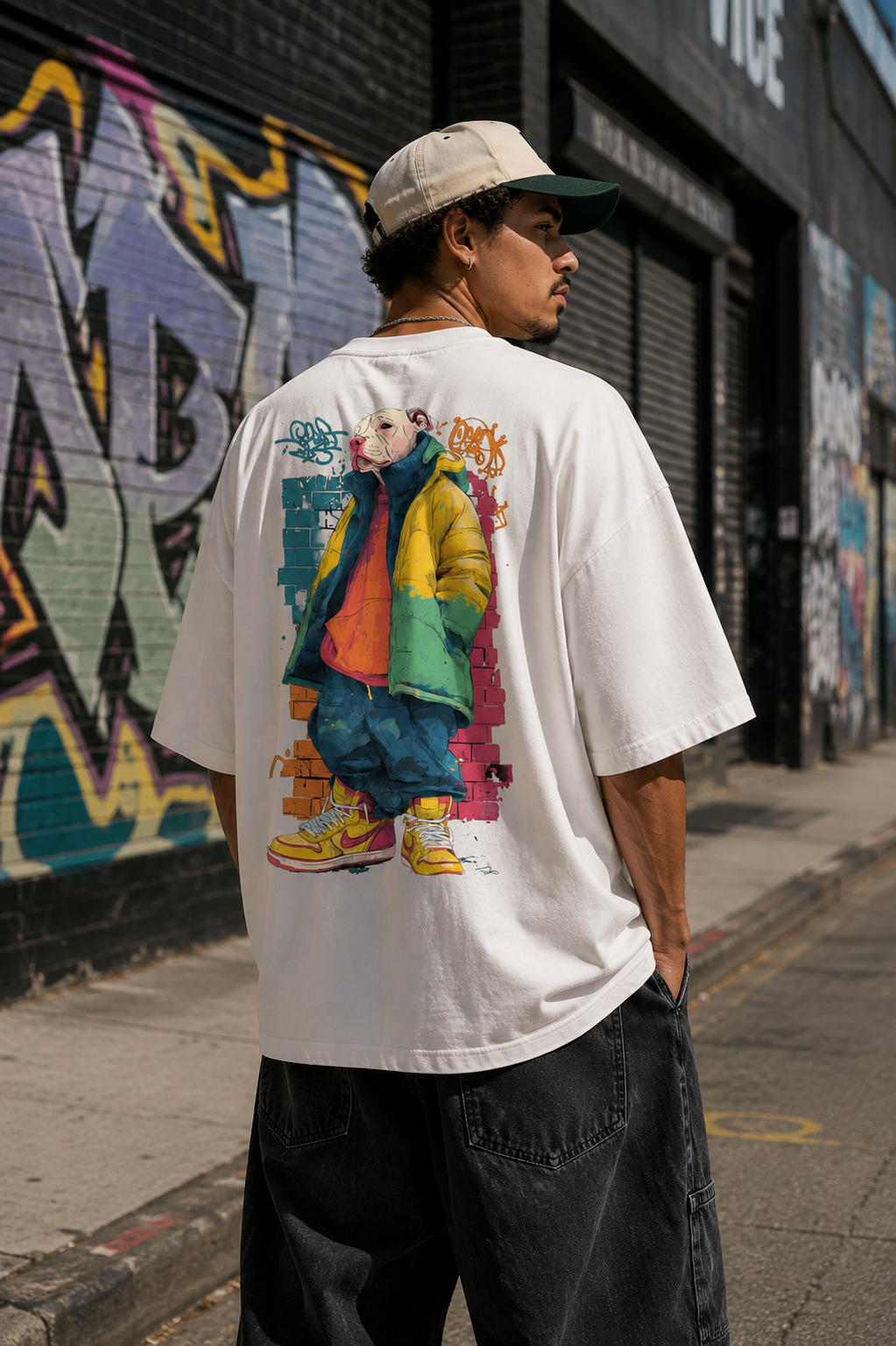 A man wearing a white oversized t-shirt with a colorful street art graphic on the back, standing on a city sidewalk in front of a graffiti-covered wall.