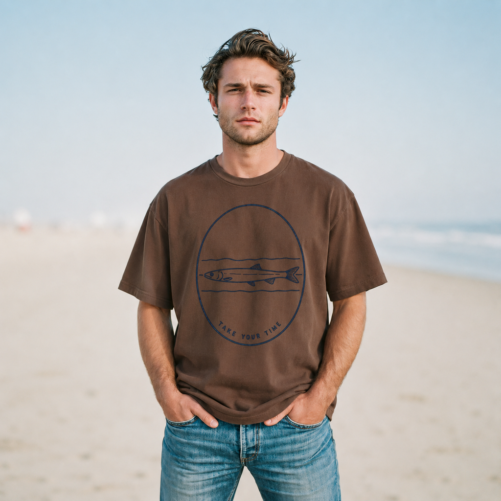 A man standing on a sandy beach wearing a brown graphic t-shirt with a dark blue fish design and the text 'TAKE YOUR TIME', paired with blue jeans.
