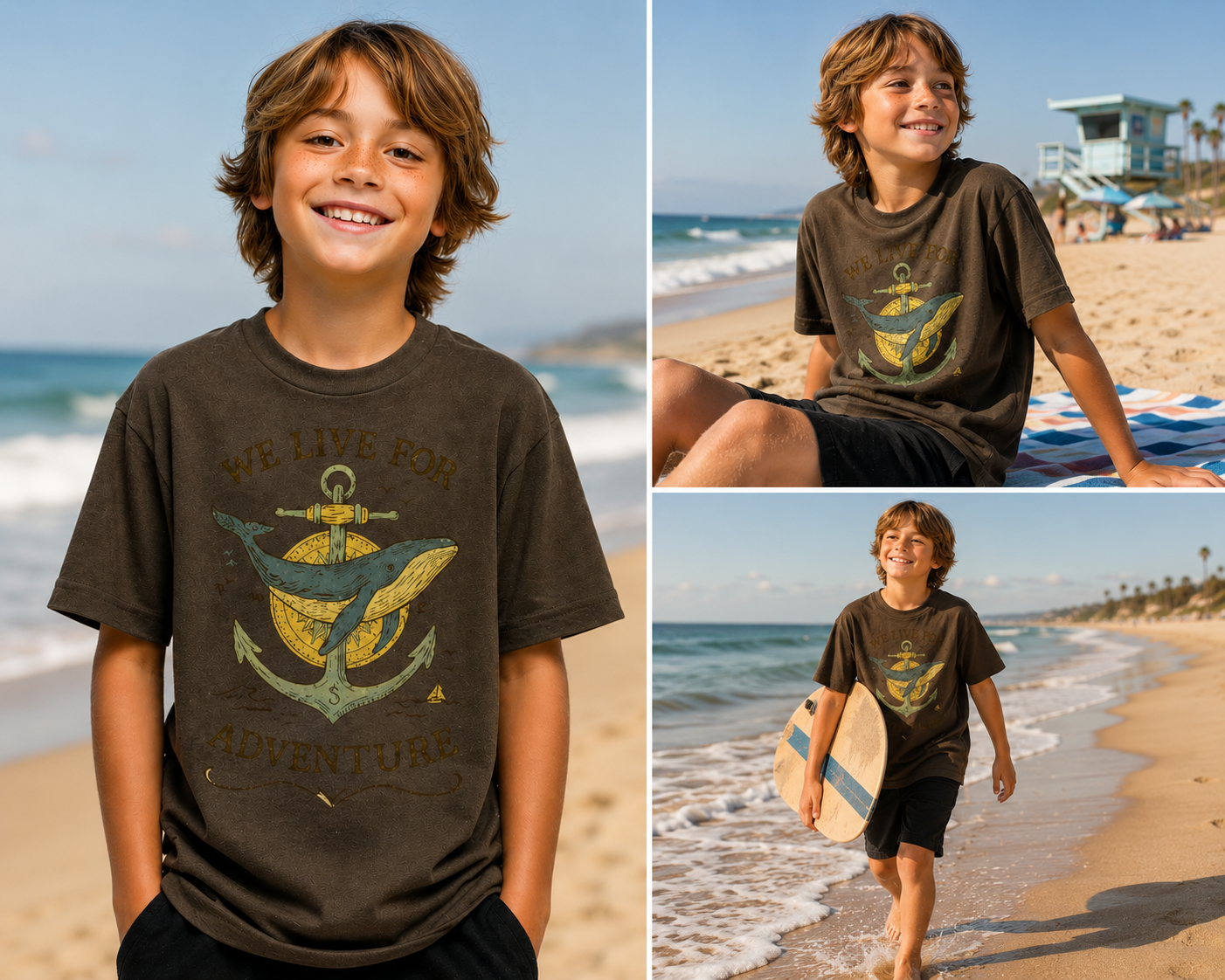 Child wearing We Live for Adventure Whale Tee featuring whale adventure graphic