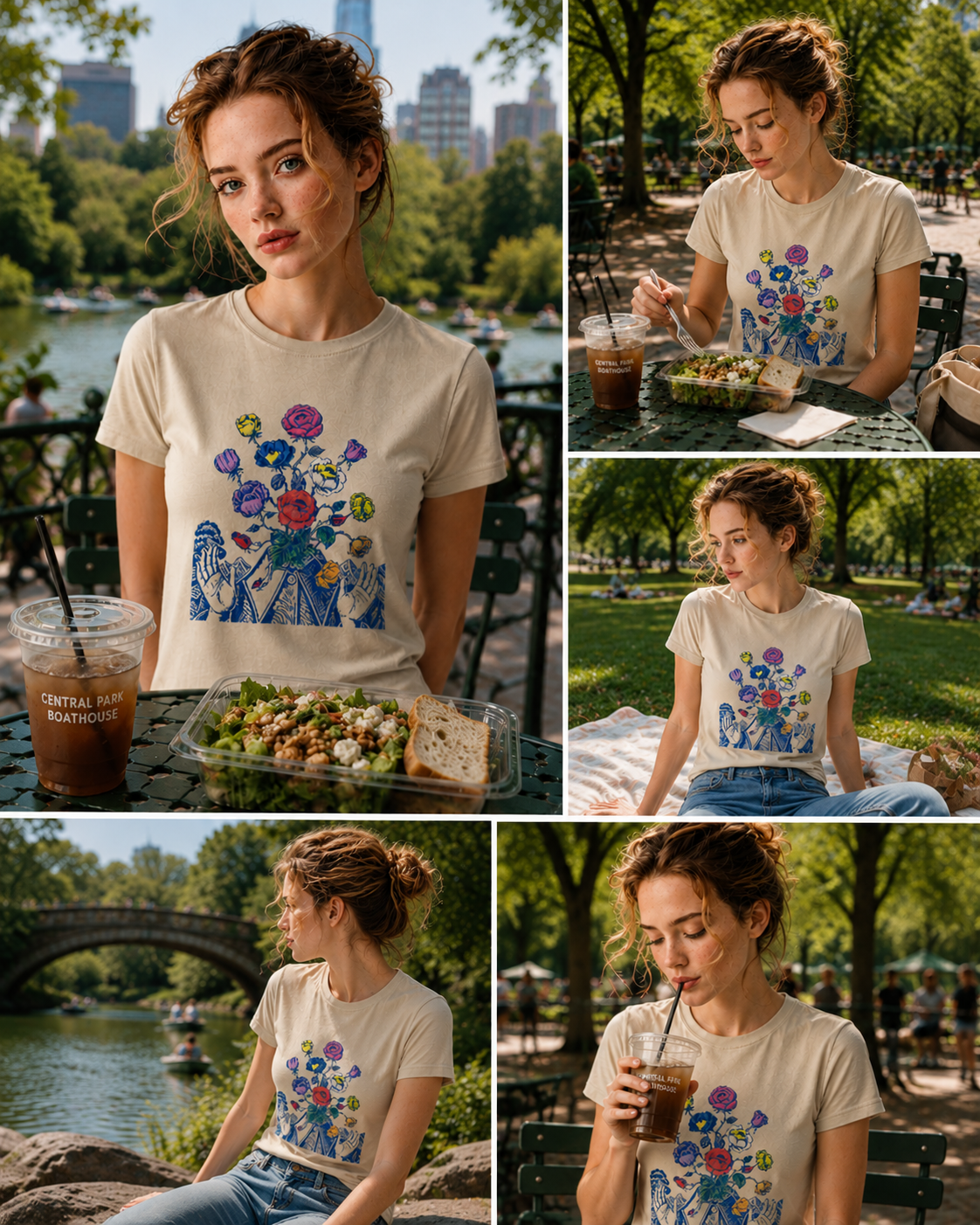 Woman wearing a Wild Bloom Hands graphic t-shirt featuring floral hand artwork inspired by nature, creativity, and botanical illustration.