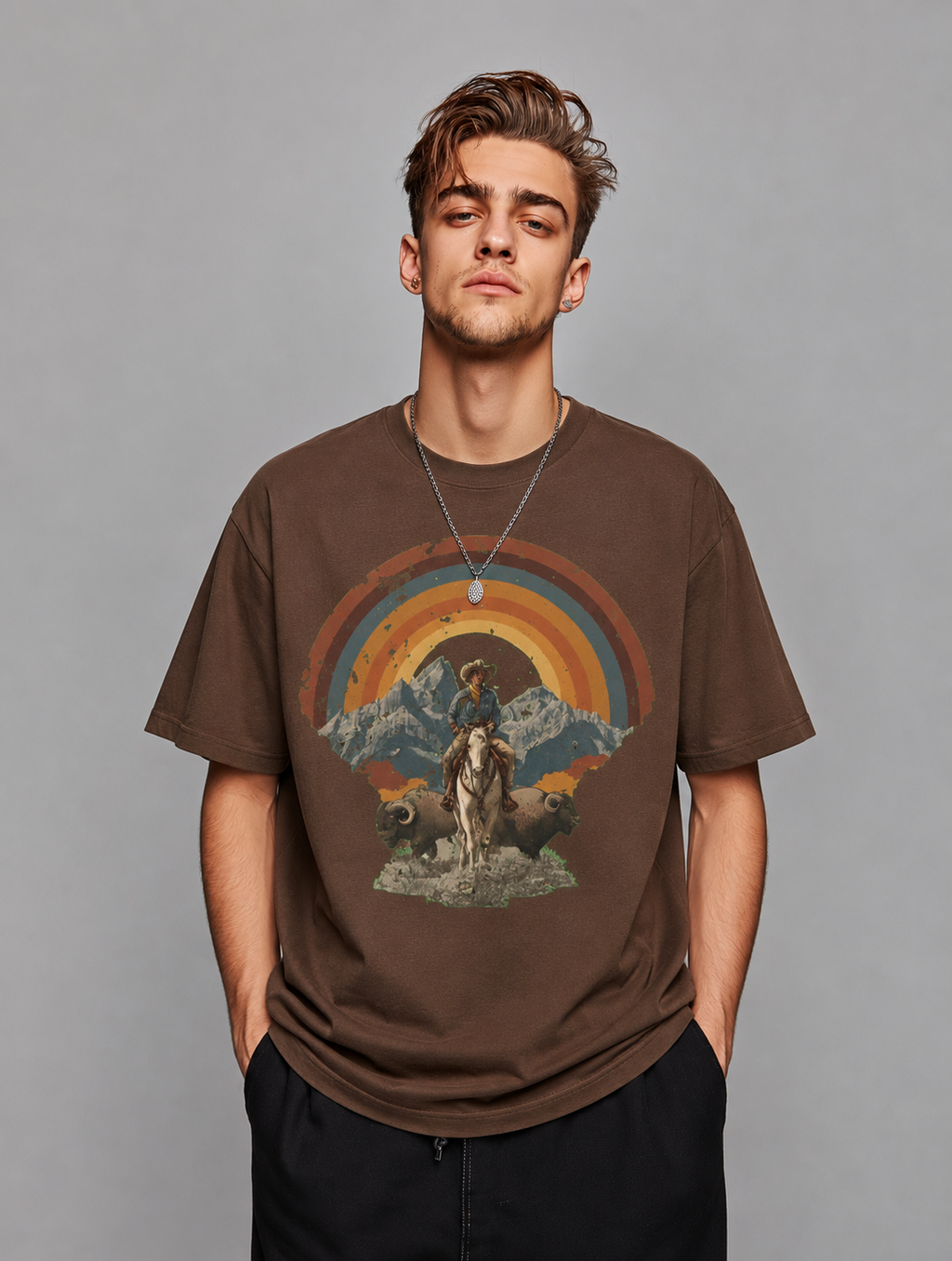Man wearing a brown Wild West Sunset Rider graphic t-shirt featuring western sunset artwork inspired by horseback adventure and frontier landscapes.
