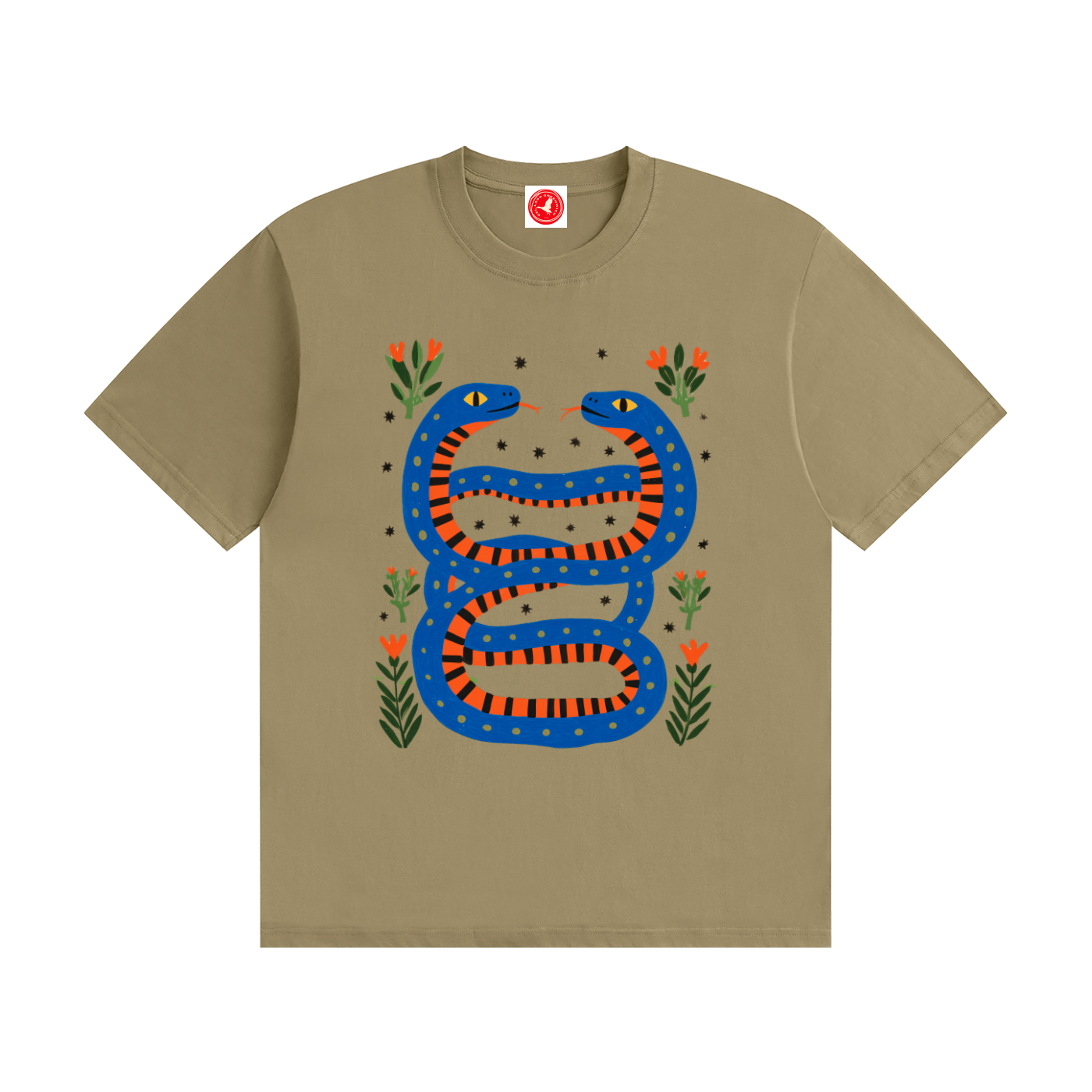 Twin Serpents boys graphic t-shirt featuring original blue and orange serpent artwork with floral accents. Soft cotton short-sleeve tee laid flat on a white background by Del Lago Greenwich.