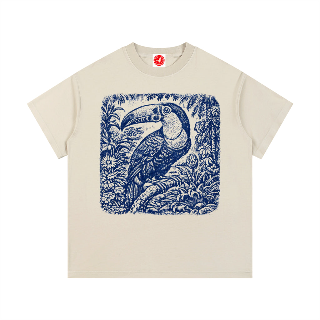 Beige Vintage Botanical Bird graphic t-shirt featuring botanical bird artwork inspired by nature and vintage illustration.