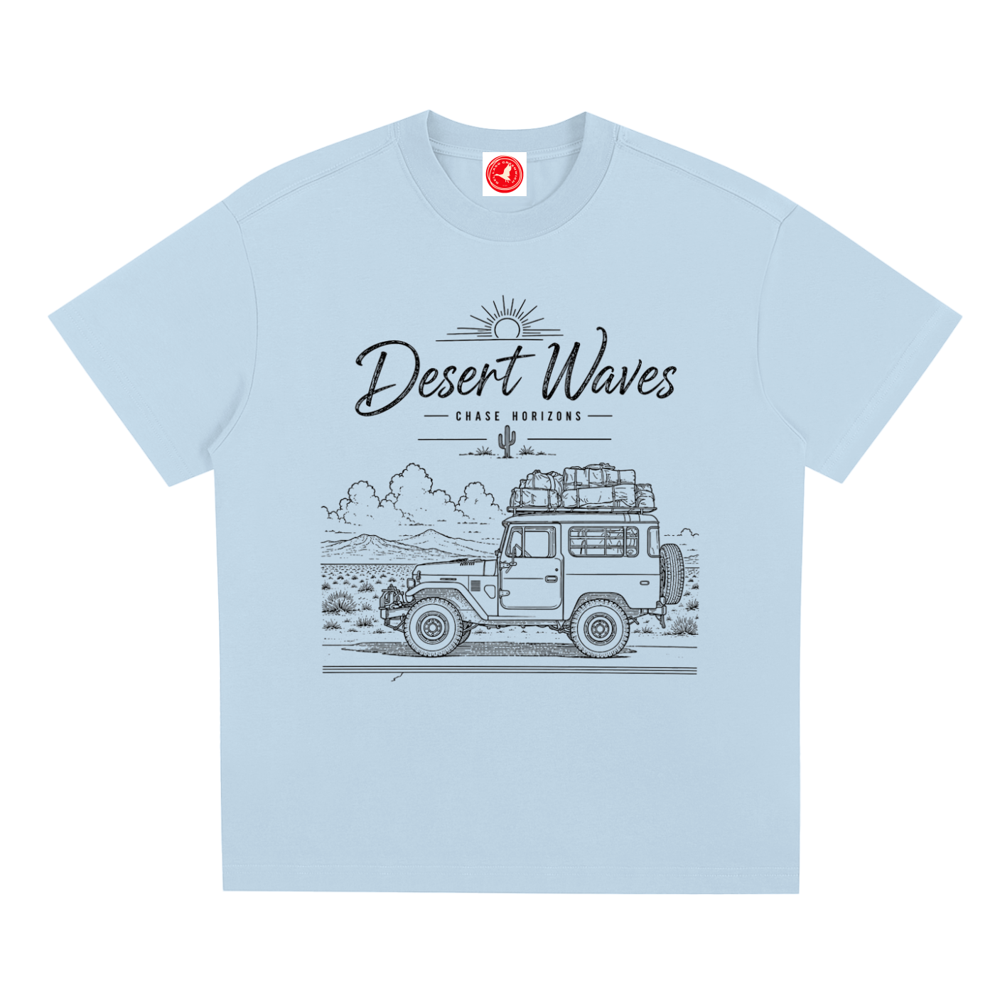 Light blue t-shirt with desert-themed graphic and 'Desert Waves' text on a white background