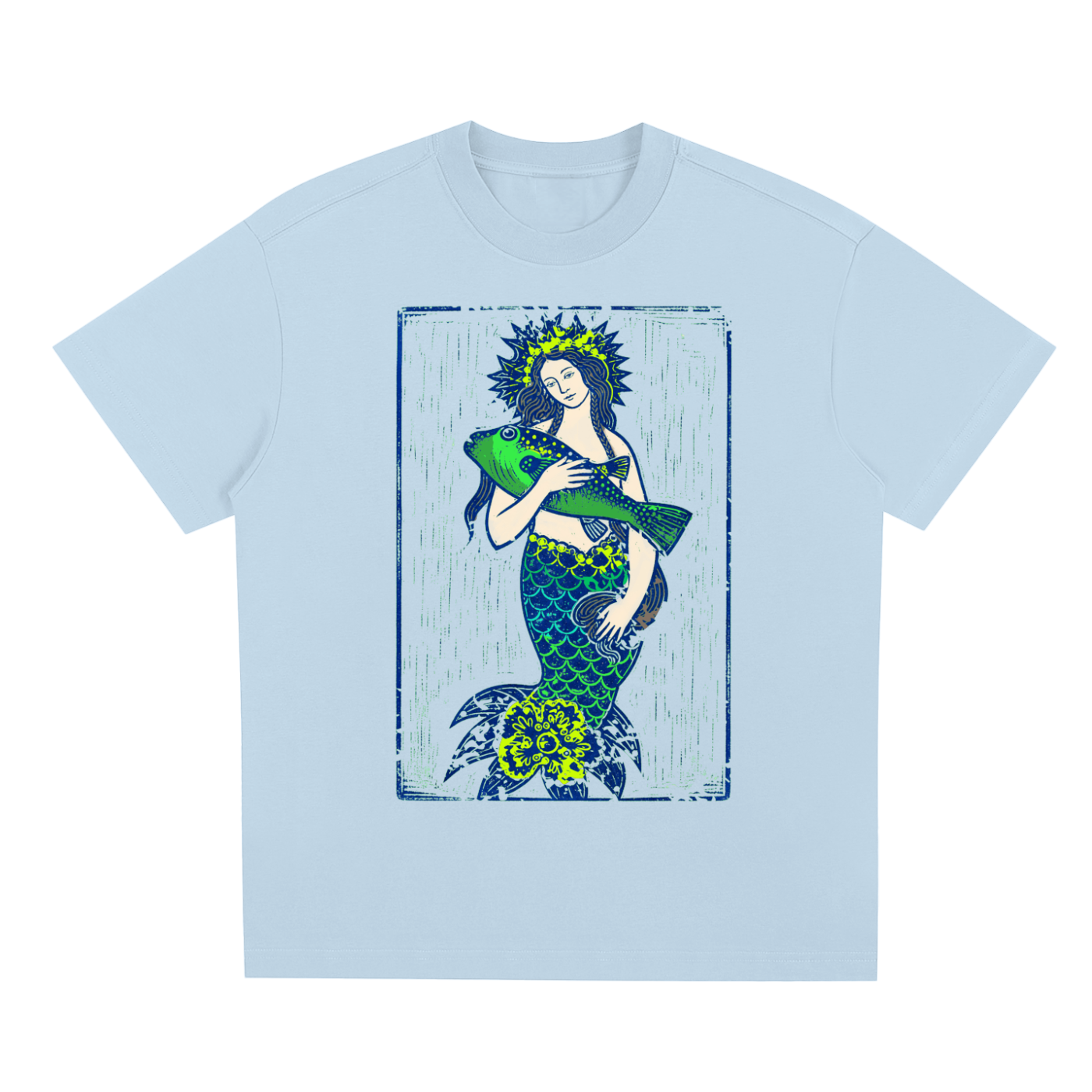 Light blue Emerald Tide graphic t-shirt featuring ocean-inspired artwork influenced by coastal landscapes and natural beauty.