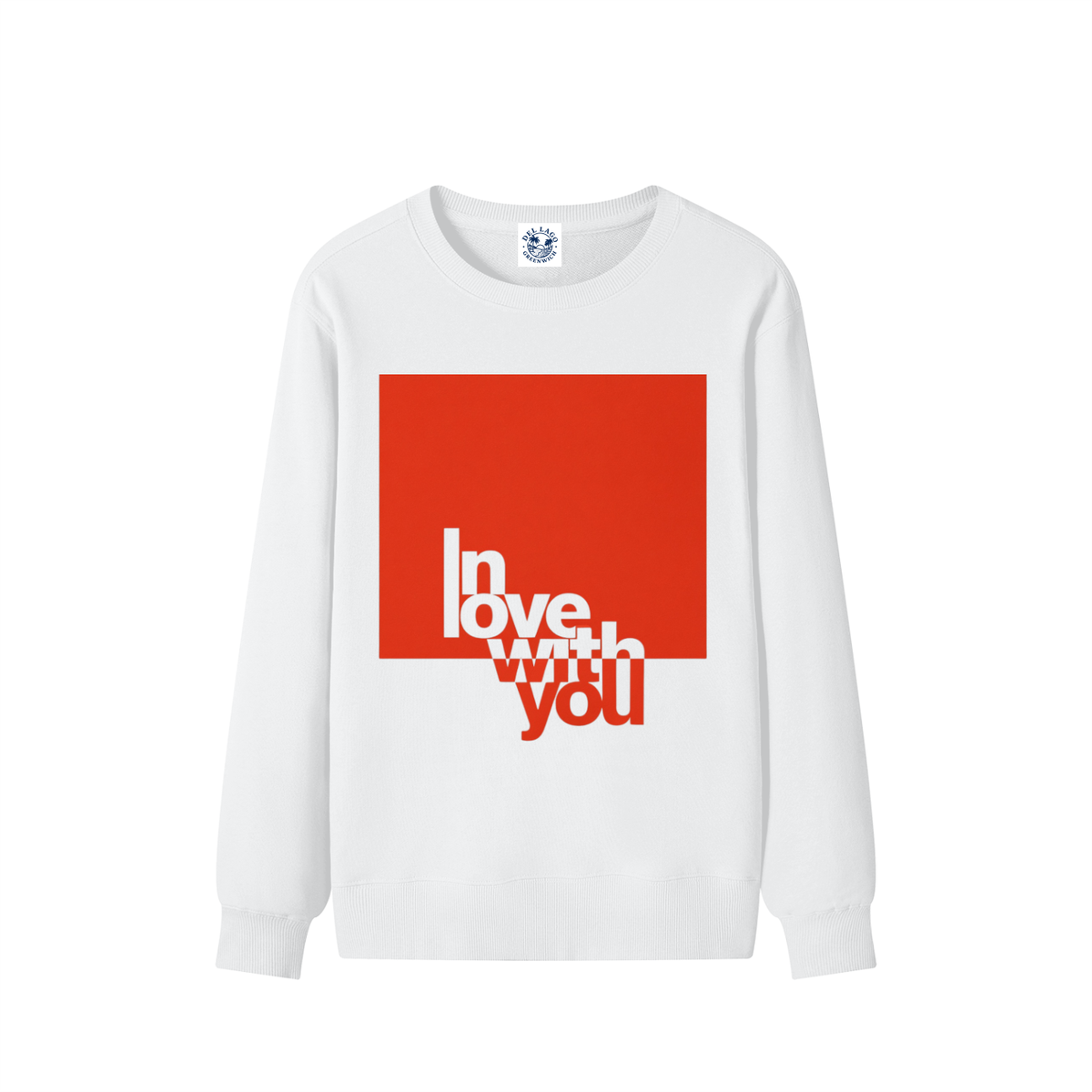 A white crewneck sweatshirt featuring a bold graphic print on the front. The design consists of a large solid red square with the words 'In love with you' layered in white and red text, set against a clean white background.