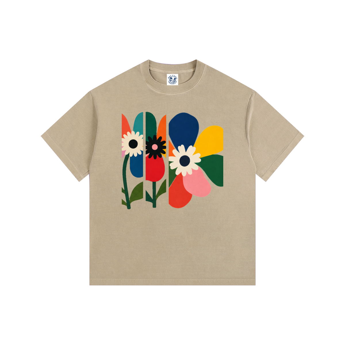 A beige crewneck t-shirt featuring a colorful graphic print of stylized flowers.