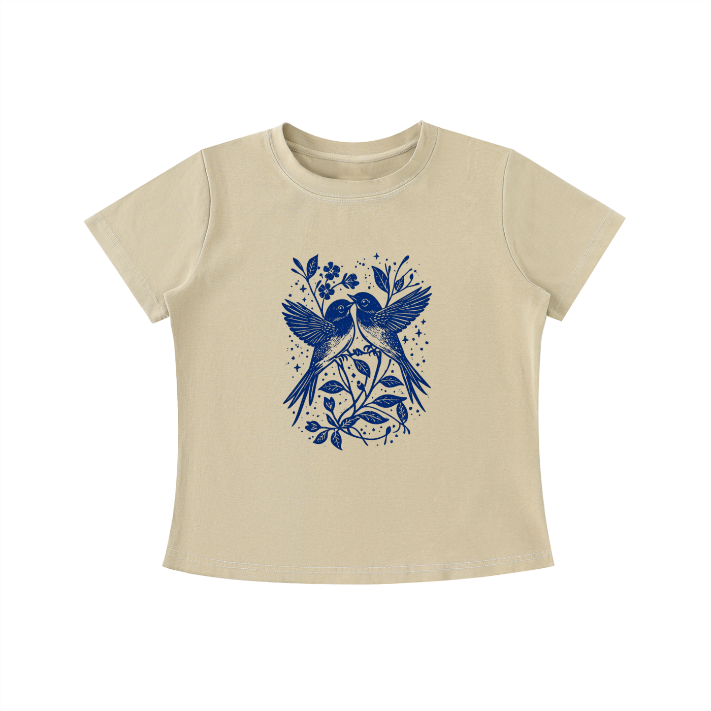 Beige Bluebird Garden Folk graphic t-shirt featuring bird and floral artwork inspired by folk art and botanical beauty.