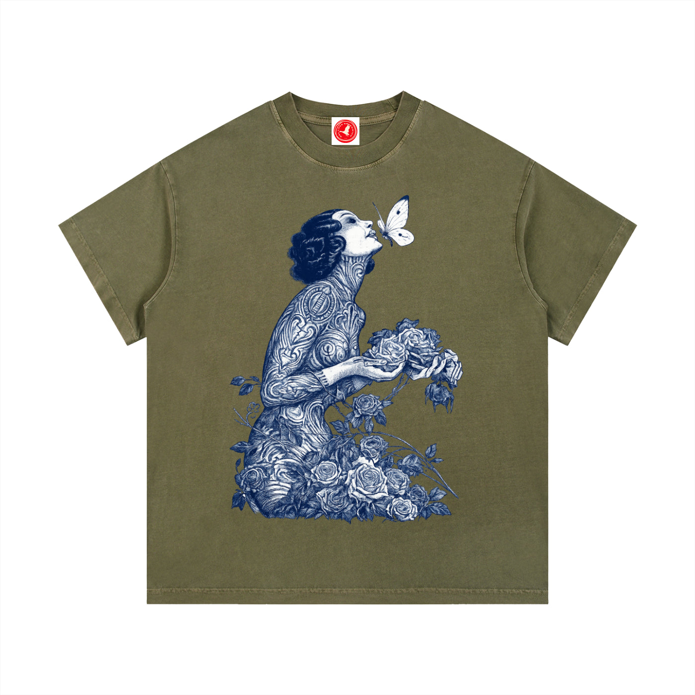 Olive green Botanical Muse graphic t-shirt featuring botanical artwork inspired by wildflowers and vintage illustration
