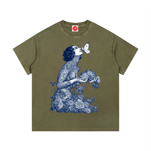Olive green Botanical Muse graphic t-shirt featuring botanical artwork inspired by wildflowers and vintage illustration