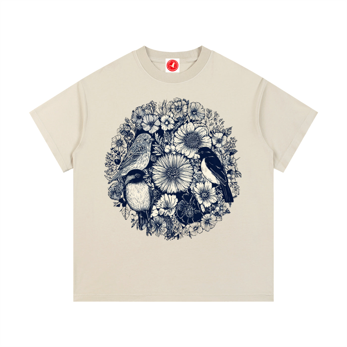 White Floral Birds Circle graphic t-shirt featuring botanical bird artwork arranged in a decorative floral design.