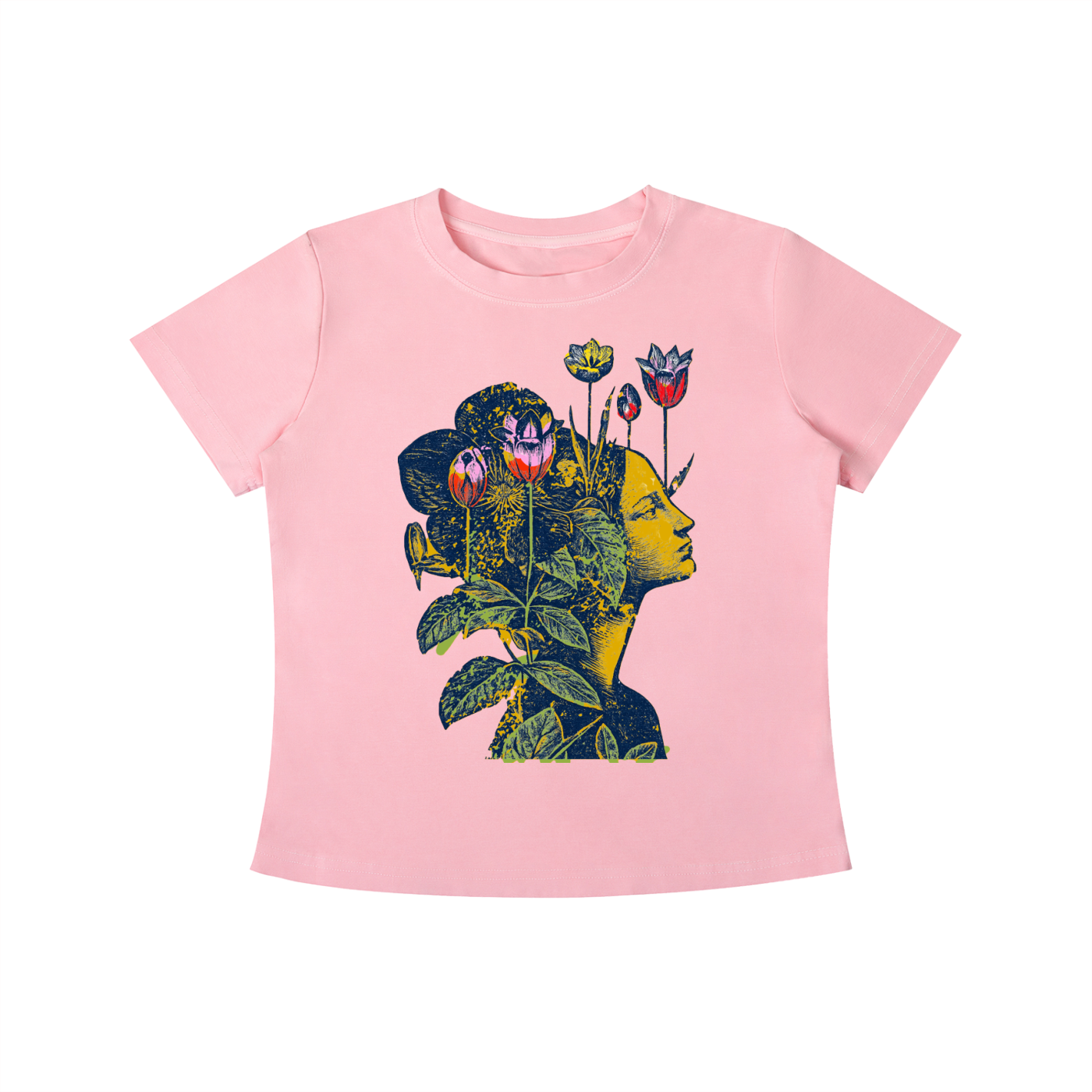 Pink Floral Mind Silhouette graphic t-shirt featuring artistic portrait artwork blended with botanical elements and creative expression.