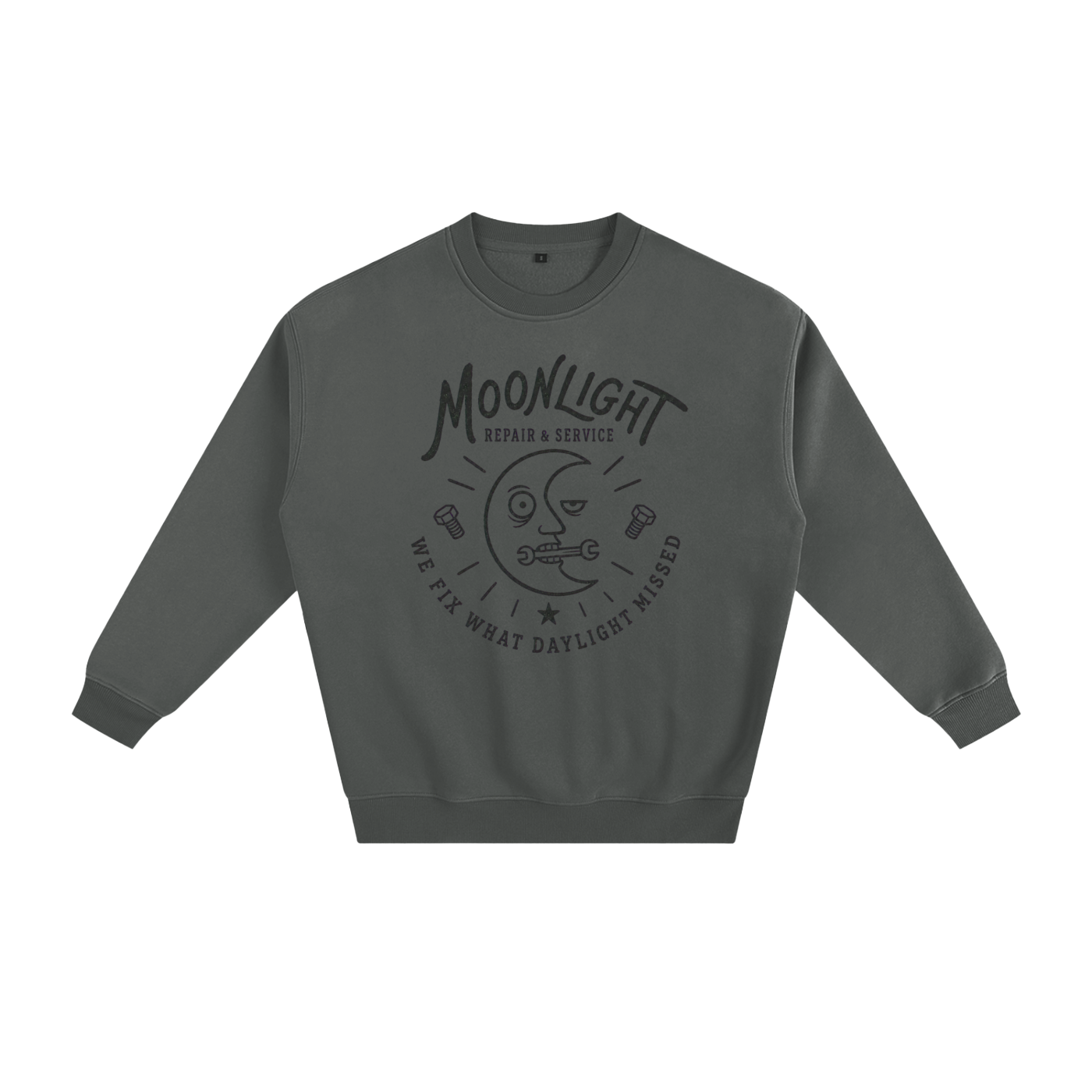 A dark gray crewneck sweatshirt with a black graphic print on the front featuring a moon and the text 'MOONLIGHT REPAIR & SERVICE' and 'WE FIX WHAT DAYLIGHT MISSED'.