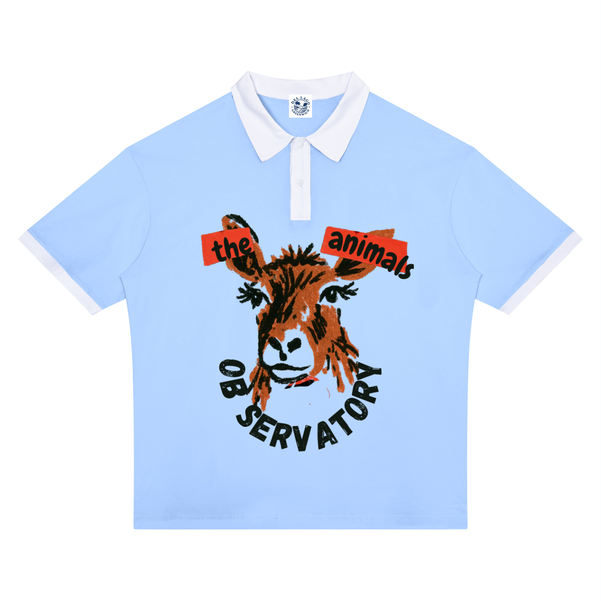 A light blue short-sleeve polo shirt with a white collar and white sleeve trim, featuring a graphic print of a donkey's face with red and black text reading 'the animals OB SERVATORY'.