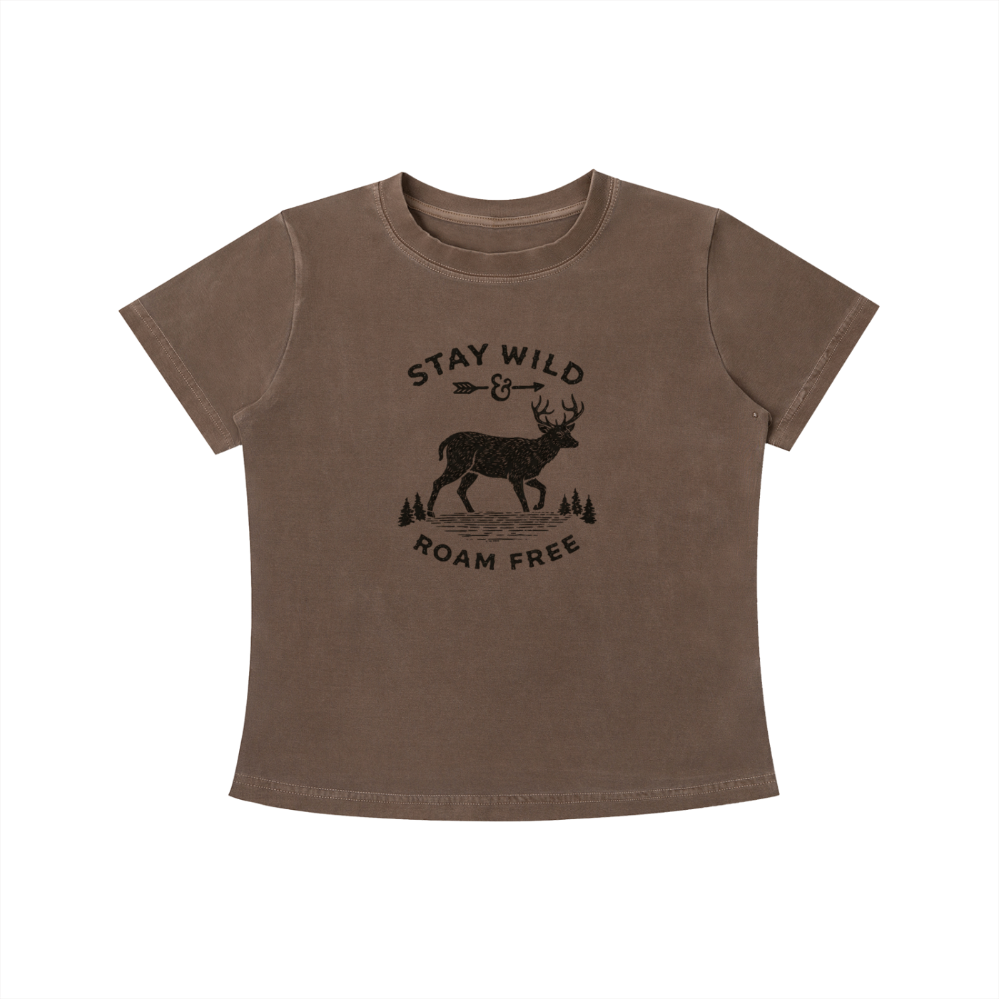 Brown Stay Wild Roam Free graphic t-shirt featuring adventure-inspired artwork celebrating freedom, exploration, and outdoor living.