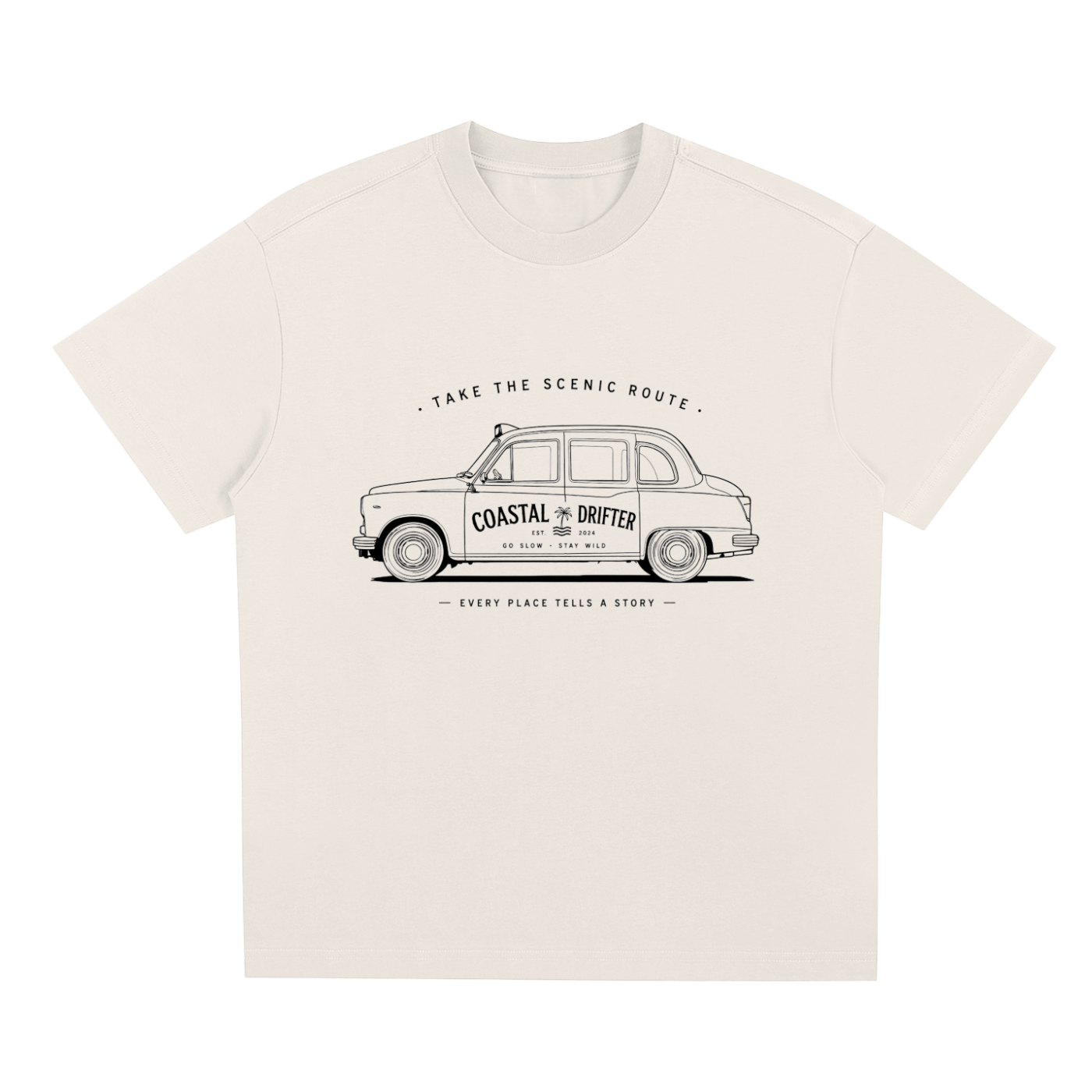 Beige Coastal lifestyle graphic t-shirt featuring beach-inspired artwork for ocean lovers and adventure seekers.