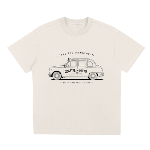 Beige Coastal lifestyle graphic t-shirt featuring beach-inspired artwork for ocean lovers and adventure seekers.