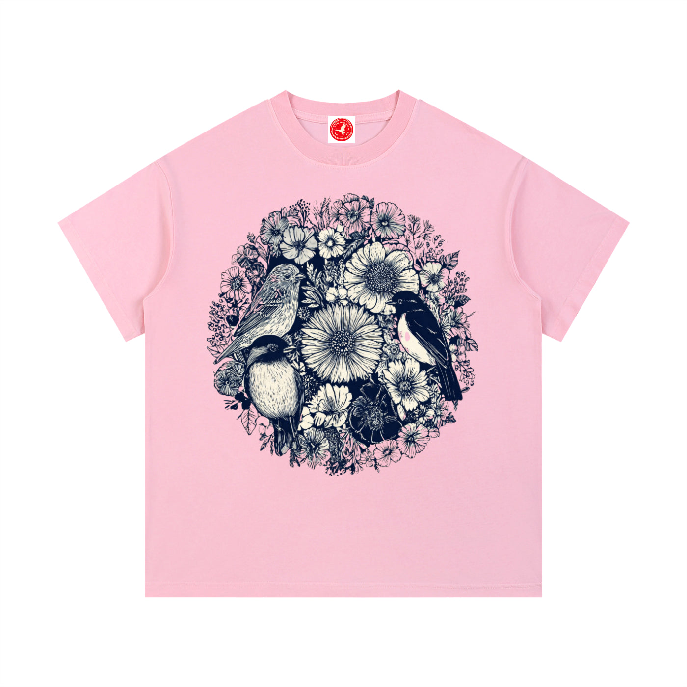 Pink Floral Birds Circle graphic t-shirt featuring botanical bird artwork arranged in a decorative floral design.