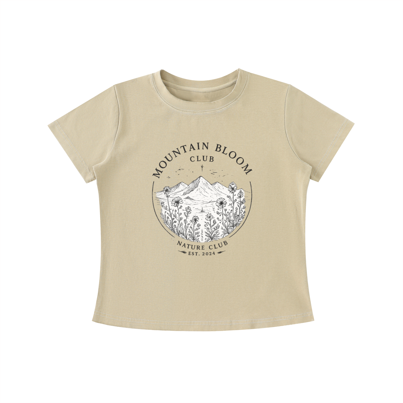 Beige Mountain Bloom Club graphic t-shirt featuring floral mountain artwork inspired by nature and outdoor adventure.