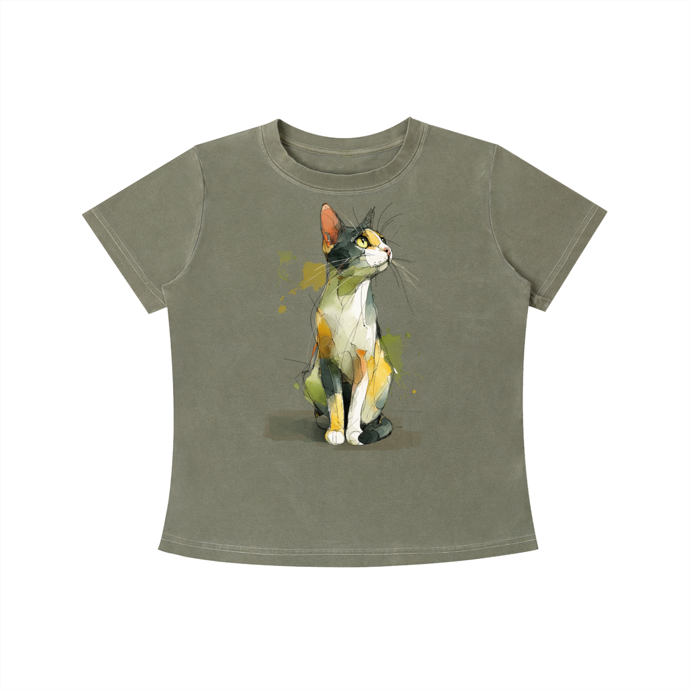 Green Watercolor Cat graphic t-shirt featuring artistic cat artwork inspired by watercolor illustration and feline lovers.