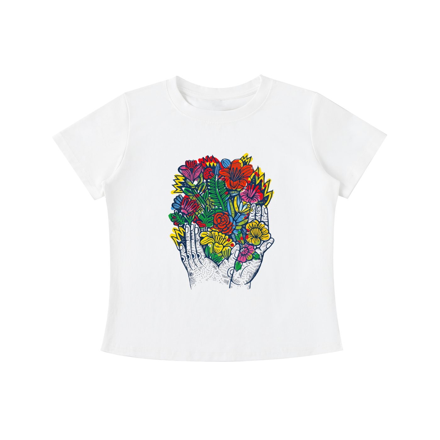 White Bloom in Hand graphic t-shirt featuring floral hand artwork inspired by nature, creativity, and botanical illustration.