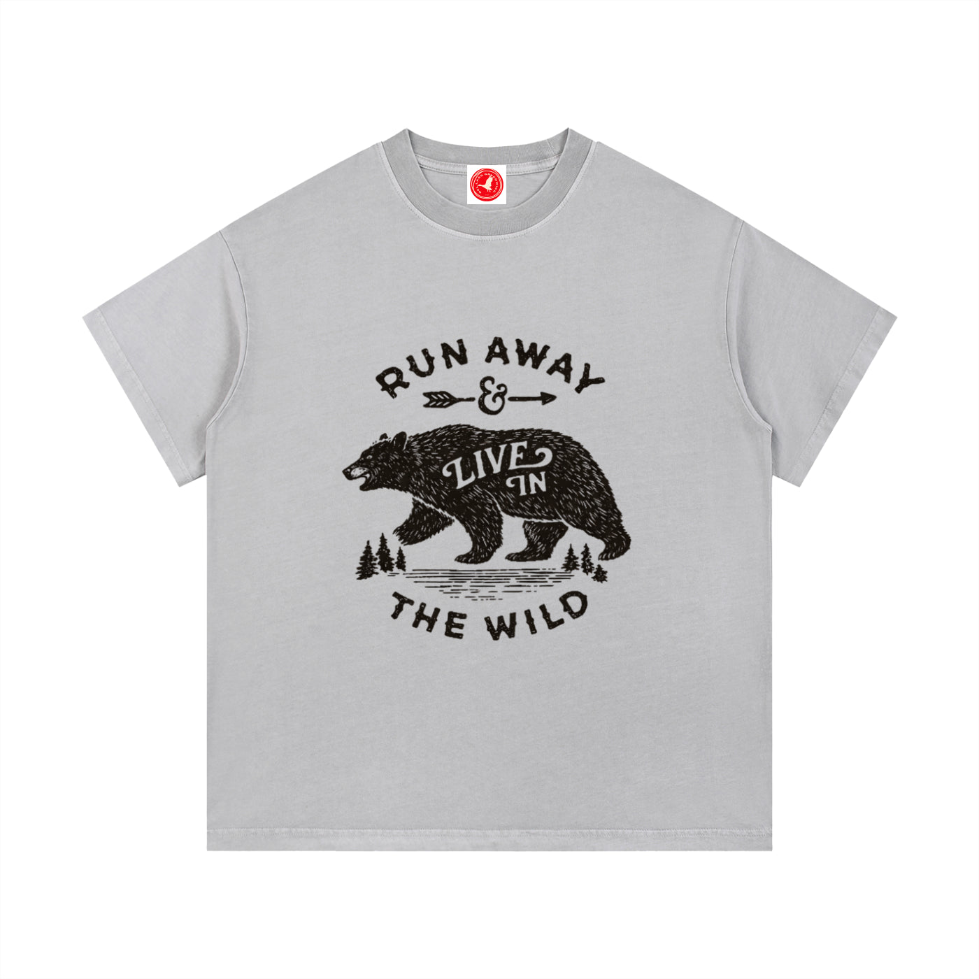 Gray Run Away and Live in the Wild graphic t-shirt featuring bear artwork inspired by wilderness, nature, and outdoor adventure.