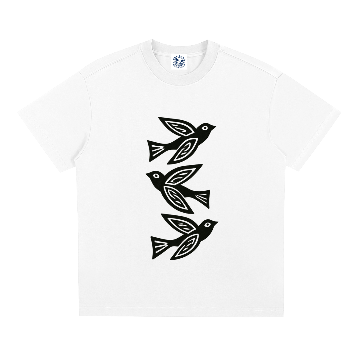 A white short-sleeve crewneck t-shirt featuring a graphic print of three stylized black birds arranged vertically on the front.