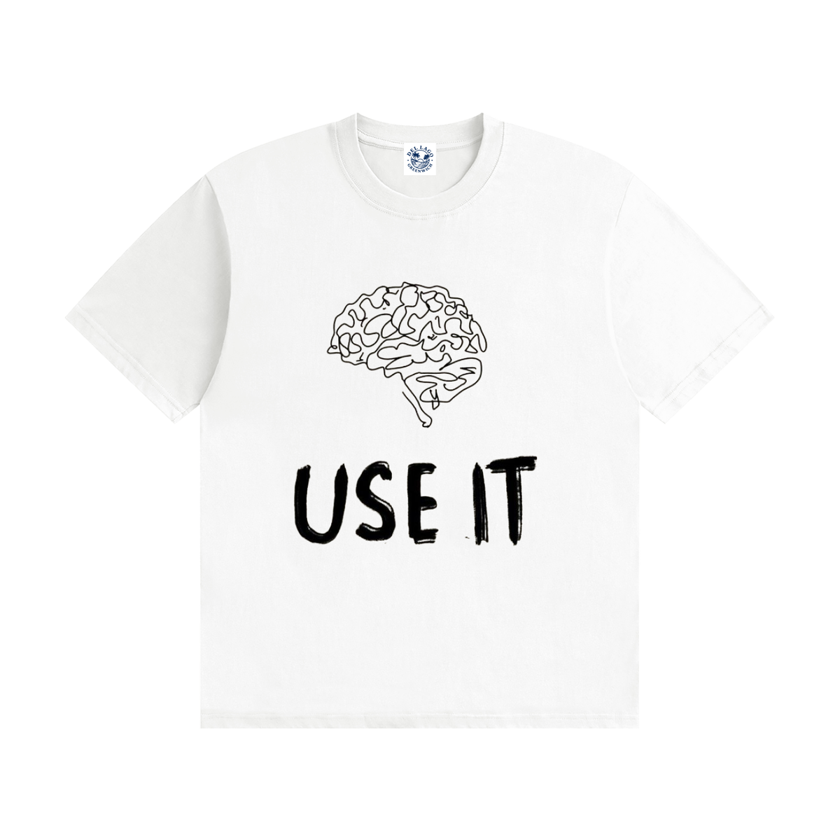A white short-sleeve crewneck t-shirt featuring a black line art graphic of a brain above the distressed black text 'USE IT'.