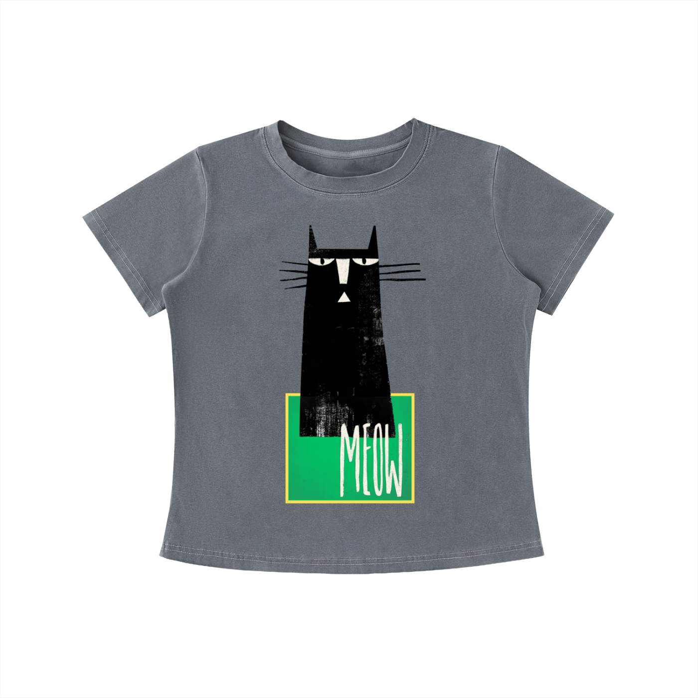 Gray t-shirt with a black cat graphic and 'MEOW' text on a white background