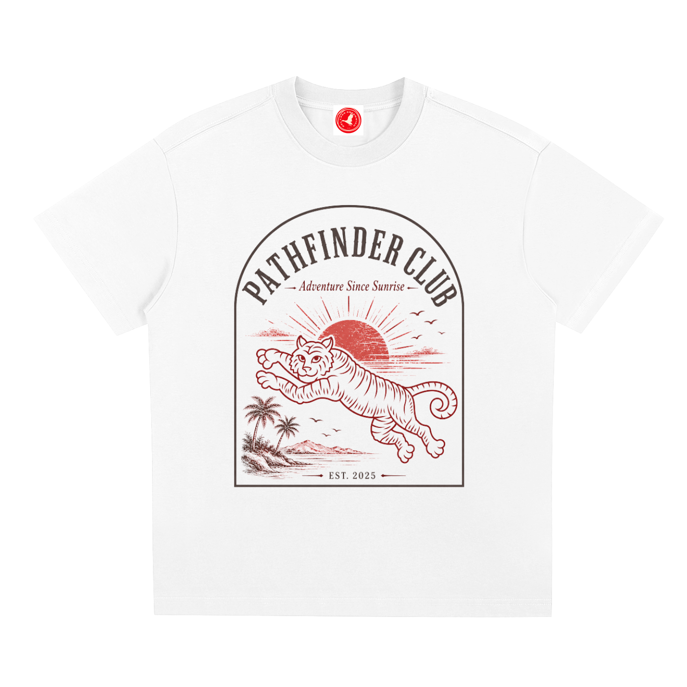White t-shirt with a tiger graphic and 'Pathfinder Club' text on a white background