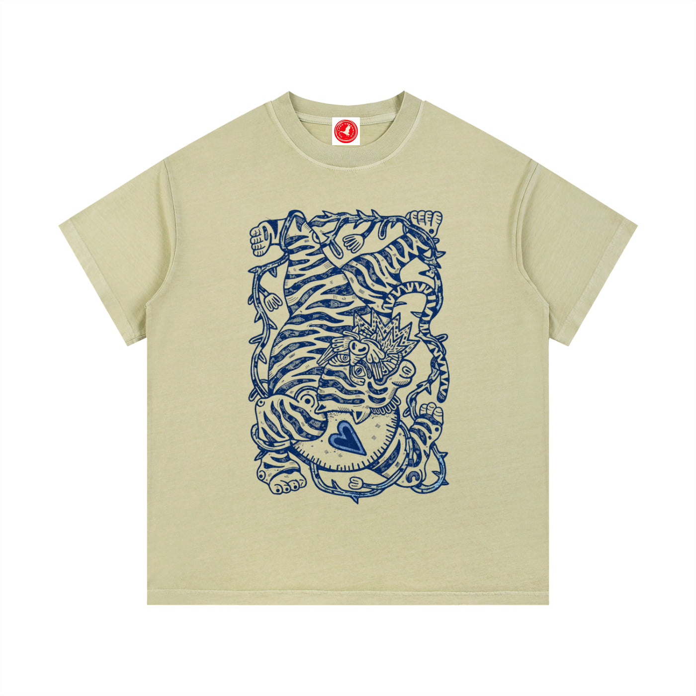Beige Ink Tiger graphic t-shirt featuring bold tiger artwork inspired by wildlife and traditional ink illustration.