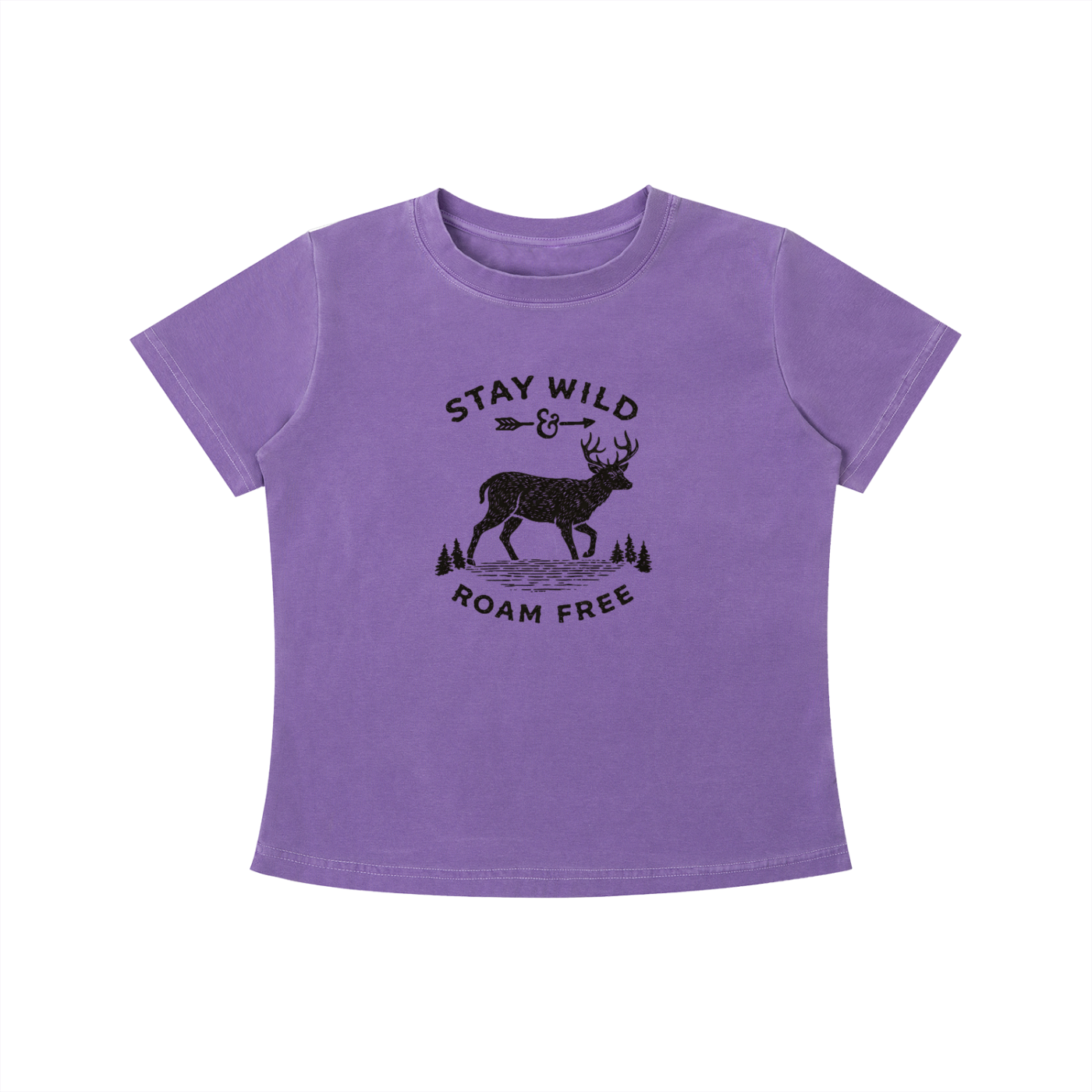 Purple Stay Wild Roam Free graphic t-shirt featuring adventure-inspired artwork celebrating freedom, exploration, and outdoor living.