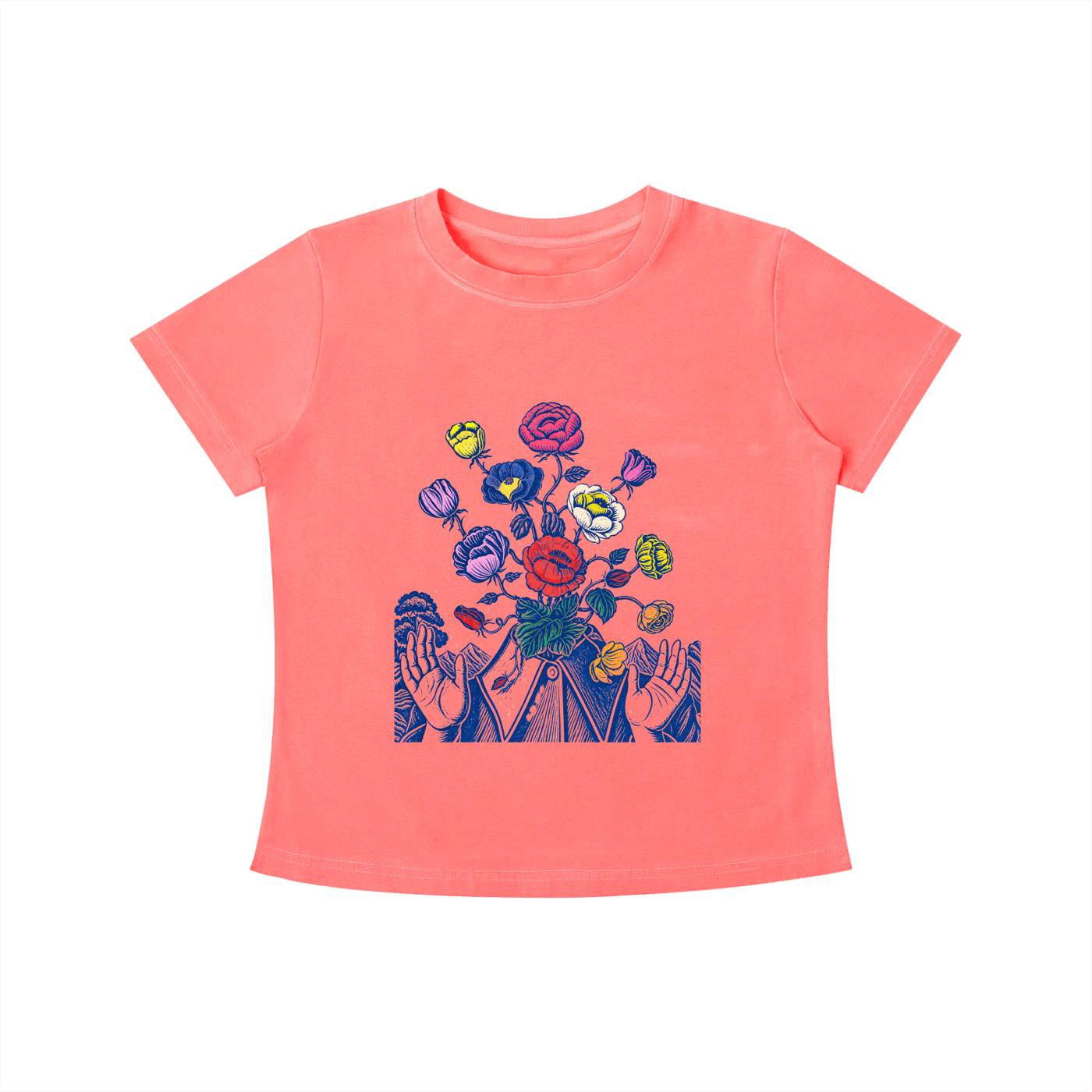 Pink Wild Bloom Hands graphic t-shirt featuring floral hand artwork inspired by nature, creativity, and botanical illustration.