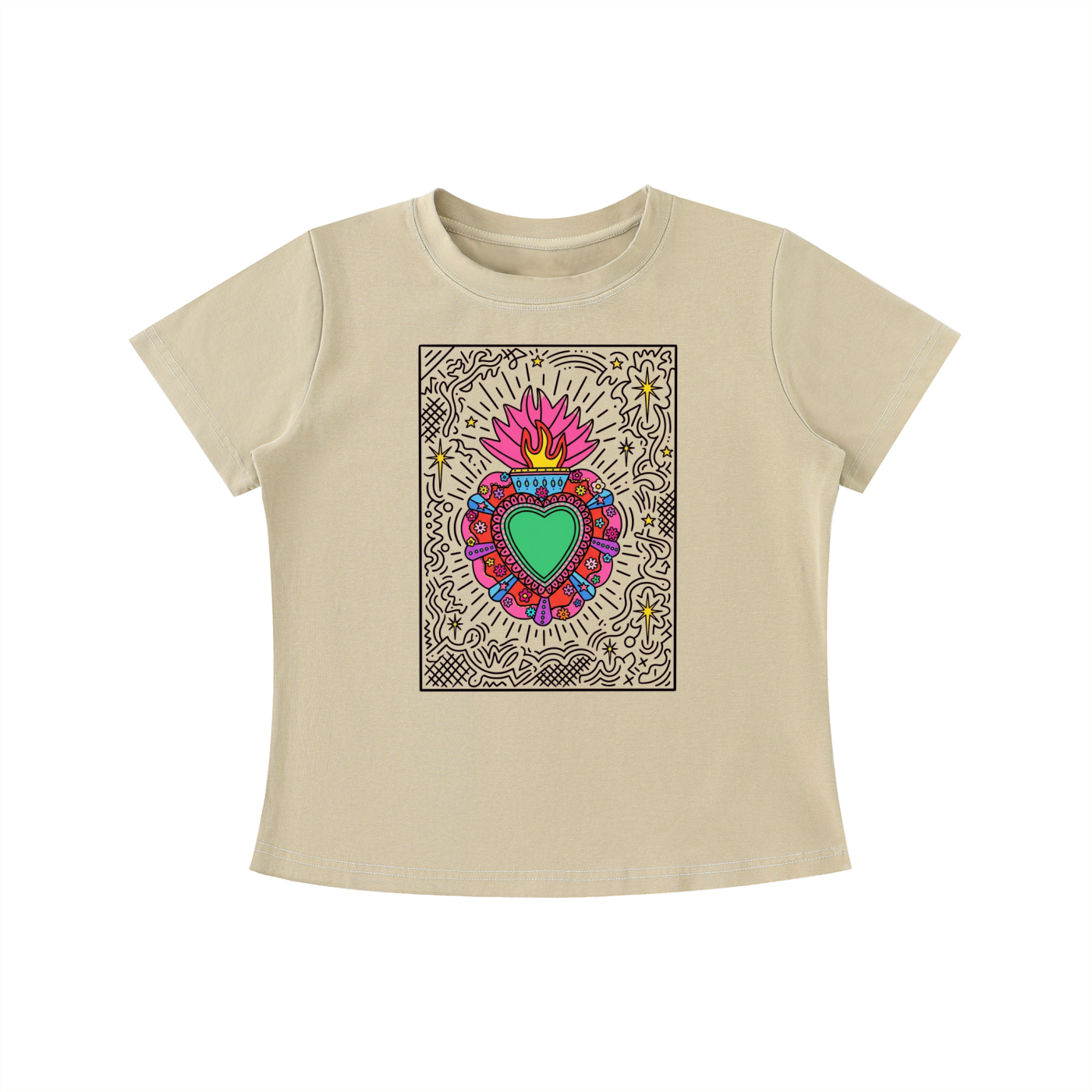 Beige Sacred Heart graphic t-shirt featuring folk art-inspired heart artwork celebrating tradition, creativity, and cultural expression.