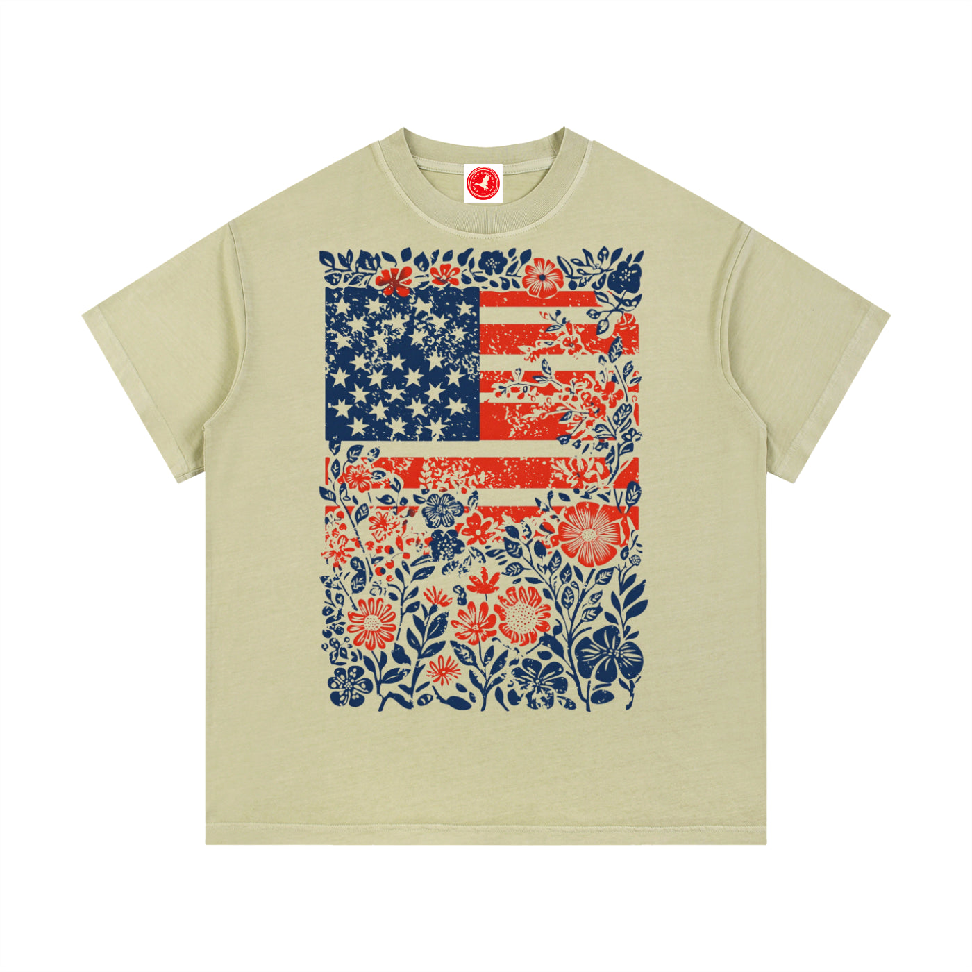 Beige Floral Americana Flag graphic t-shirt featuring patriotic artwork blended with floral design and American heritage.