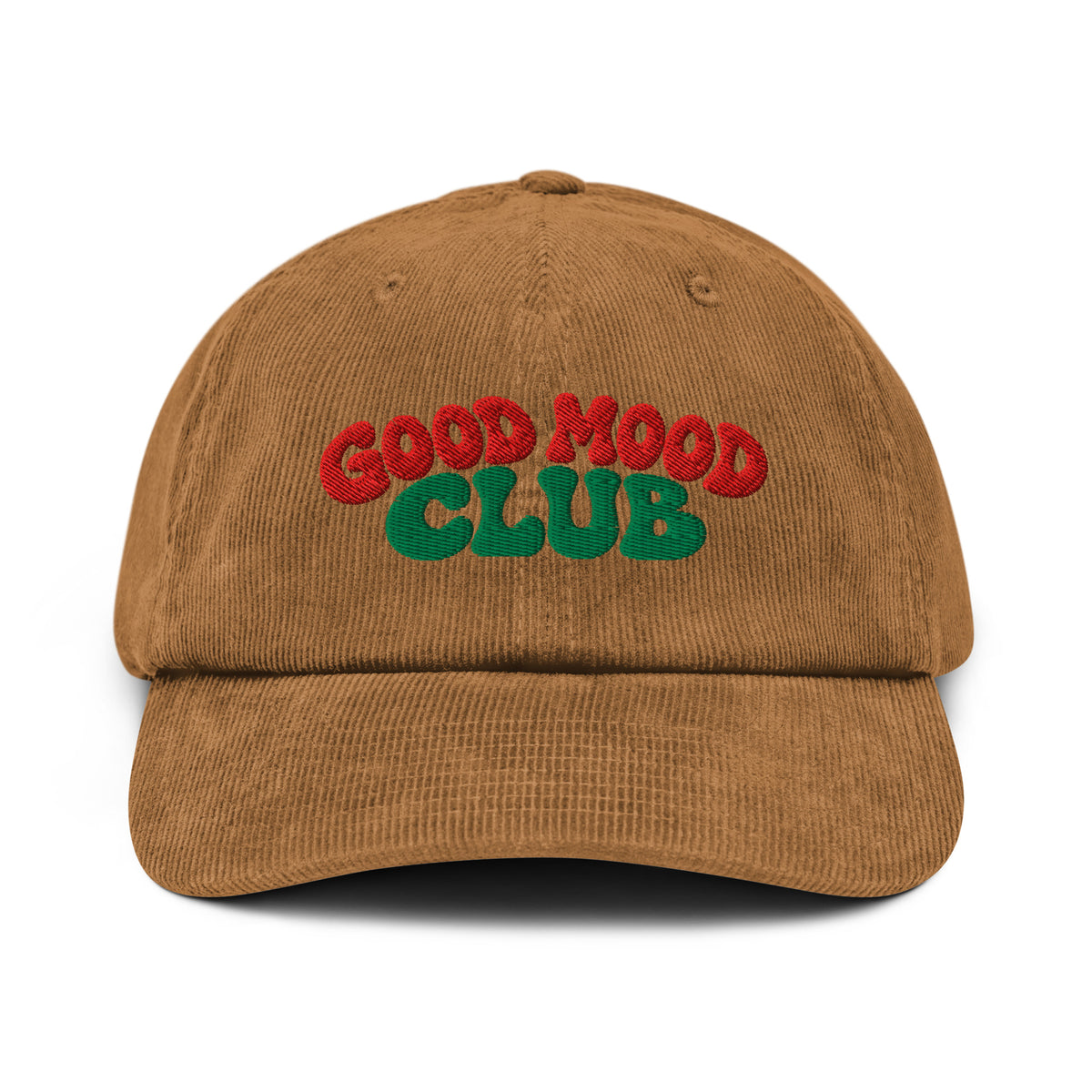 A brown corduroy baseball cap with 'GOOD MOOD CLUB' embroidered on the front in red and green, shown against a plain white background.
