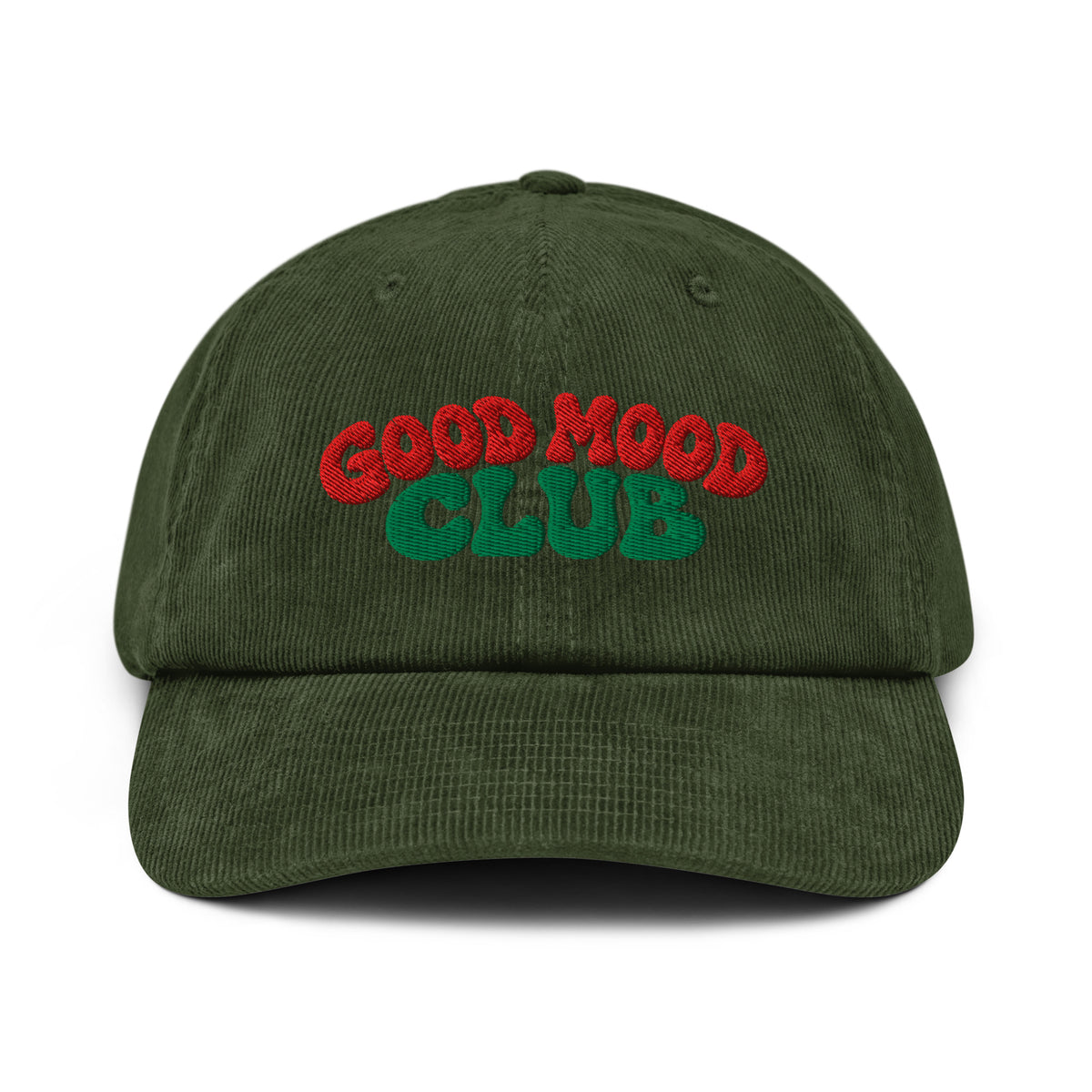 An olive green corduroy baseball cap with 'GOOD MOOD CLUB' embroidered on the front, featuring red and green lettering, set against a plain white background.
